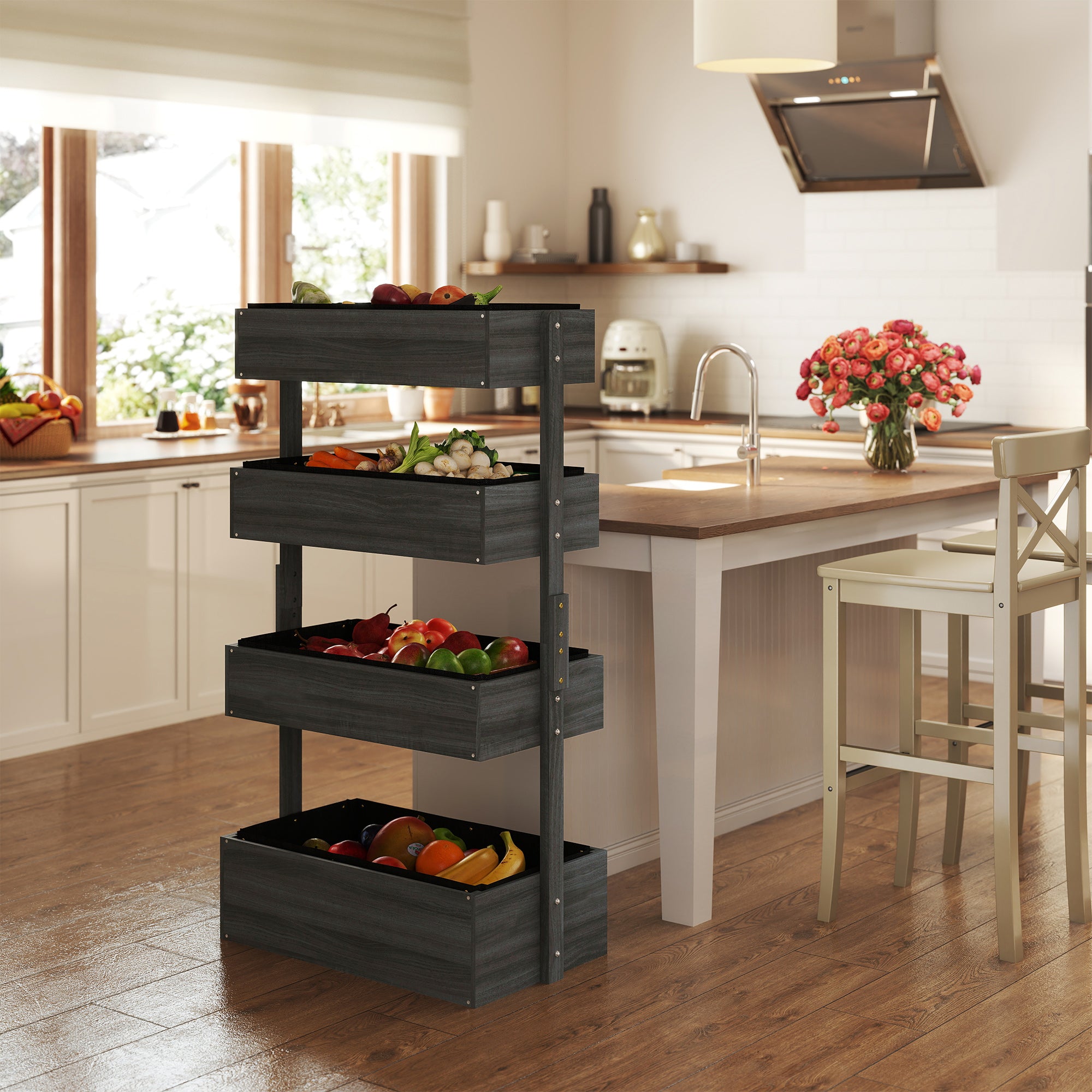 Outsunny Four-Tier Basket Wooden Plant Stand - Grey