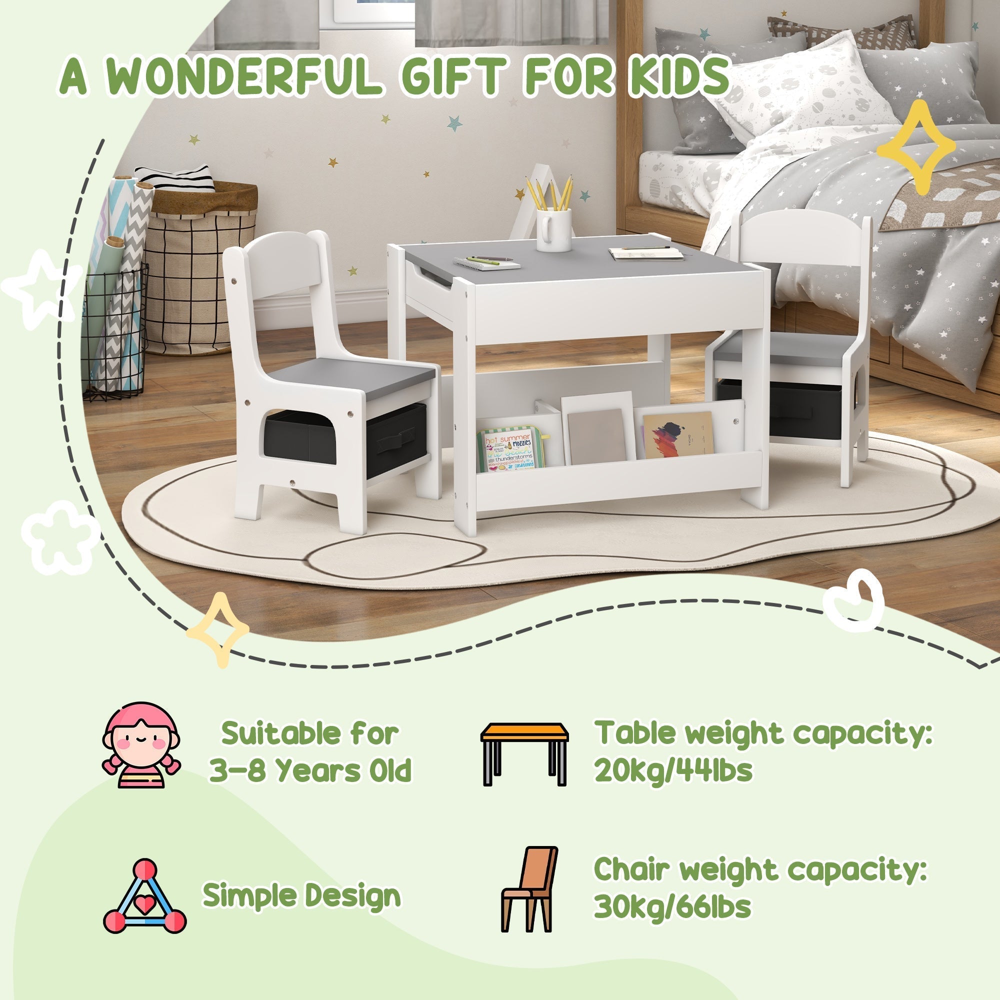 HOMCOM Three-Piece Kids Table and Chair Set with Blackboard, Storage, Bookshelves - Grey