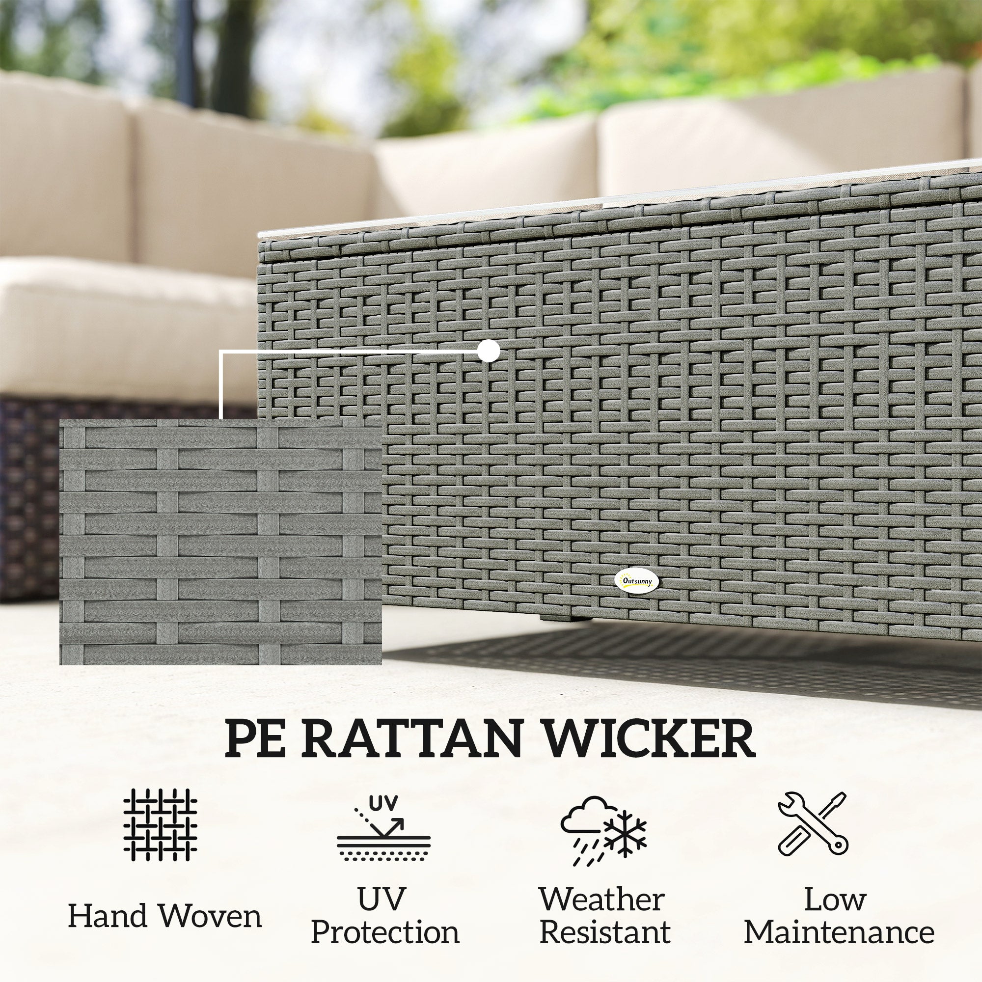 Outsunny Rattan Garden Coffee Table with Glass Top, Light Grey