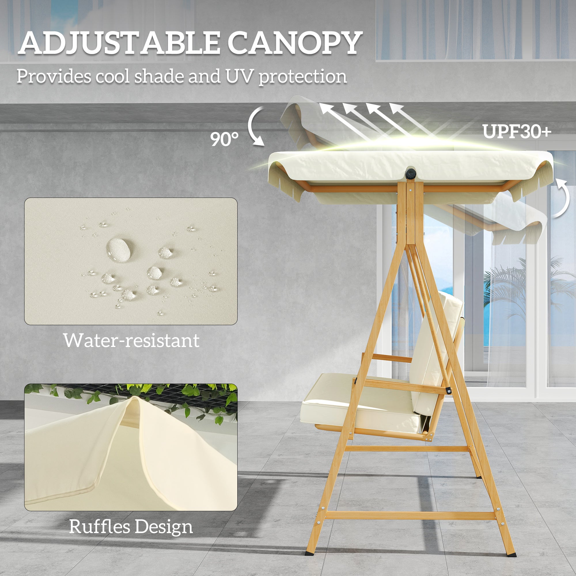 Outsunny Three-Seater Garden Swing Bench, with Adjustable Canopy - Beige