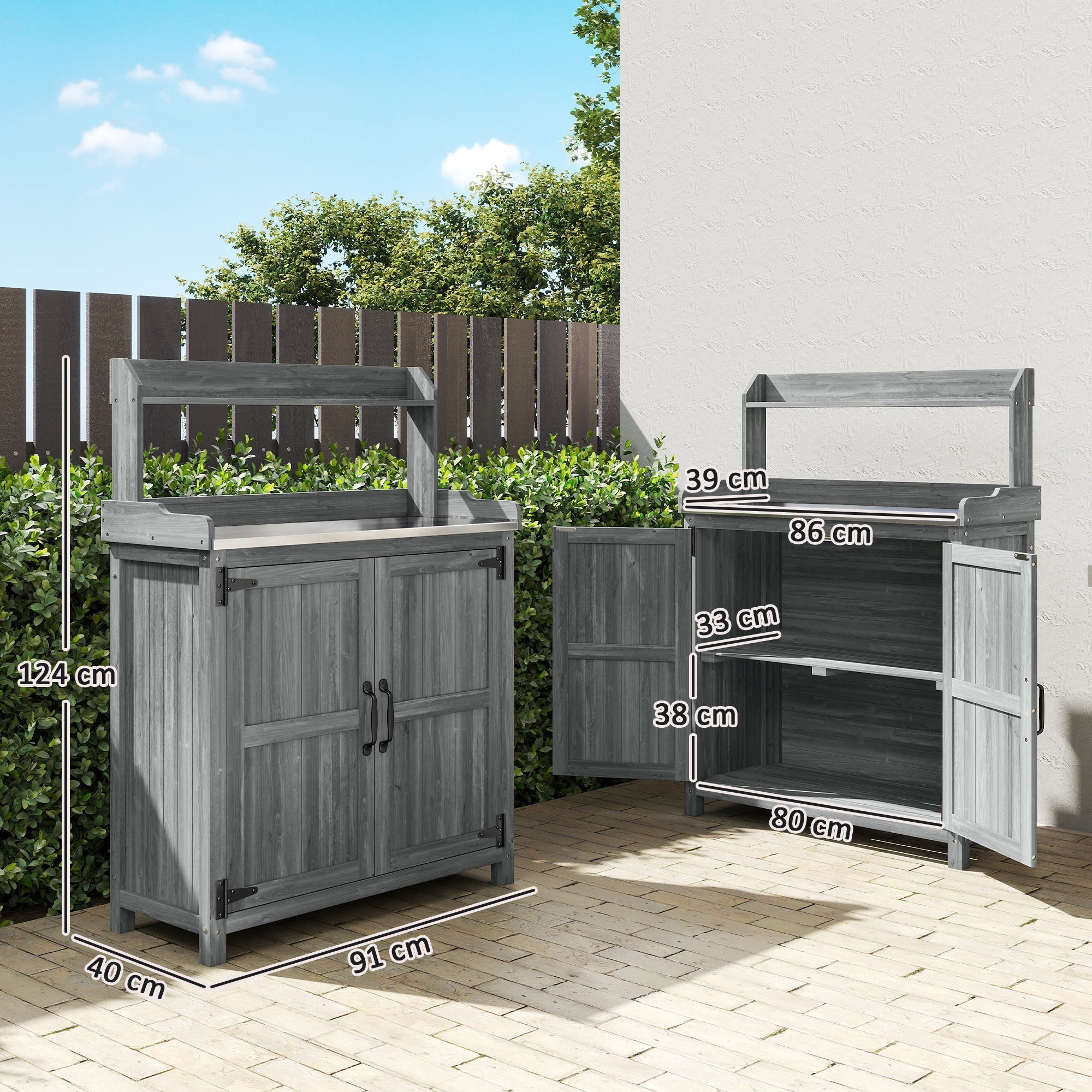 Outsunny Wooden Potting Bench Table with Aluminium Worktop, Outdoor Garden Workbench with Top Shelf and Cabinet Storage