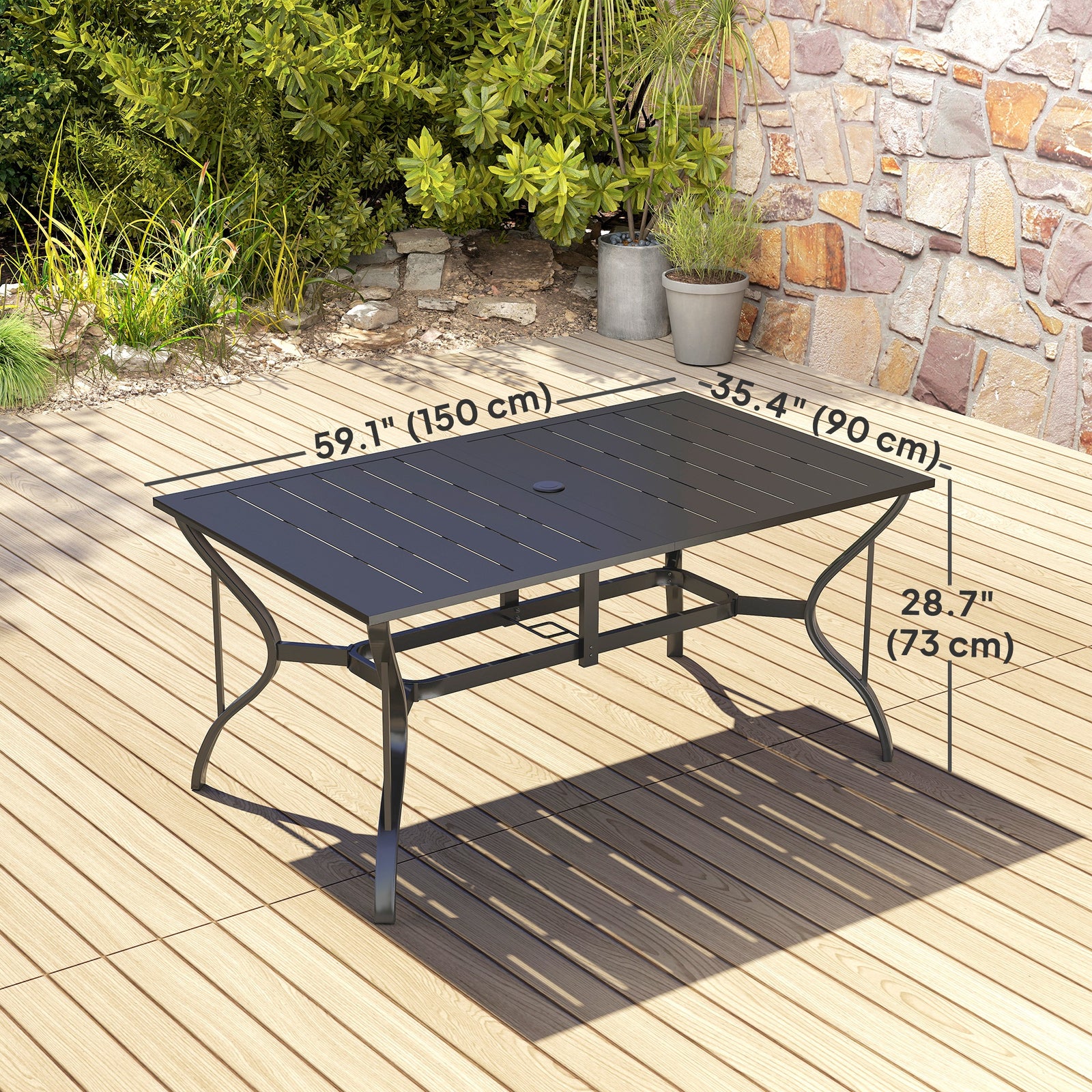 Outsunny Garden Dining Table with Parasol Hole, Patio Table with Steel Frame and Slat Tabletop, Black