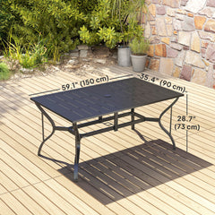 Outsunny Garden Dining Table with Parasol Hole, Patio Table with Steel Frame and Slat Tabletop, Black