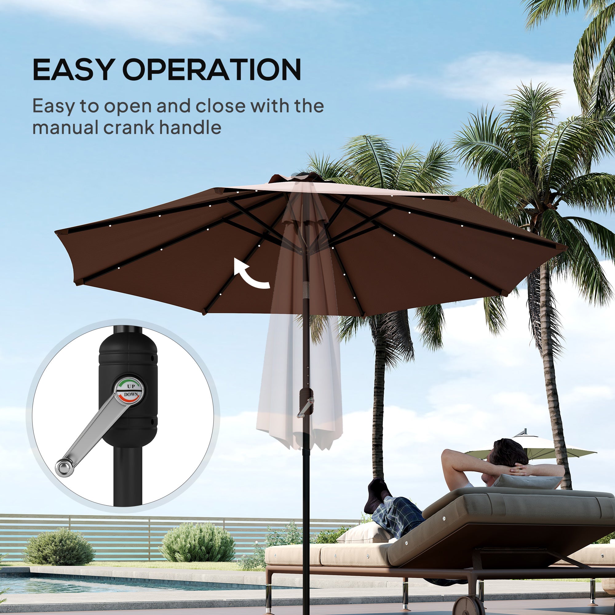 Outsunny 2.7m Garden 24 LED Light Parasol Solar Outdoor Tilt Sun Umbrella Patio Club Party Event Manual Sun Shade w/ Hand Crank and 8 Ribs, Brown