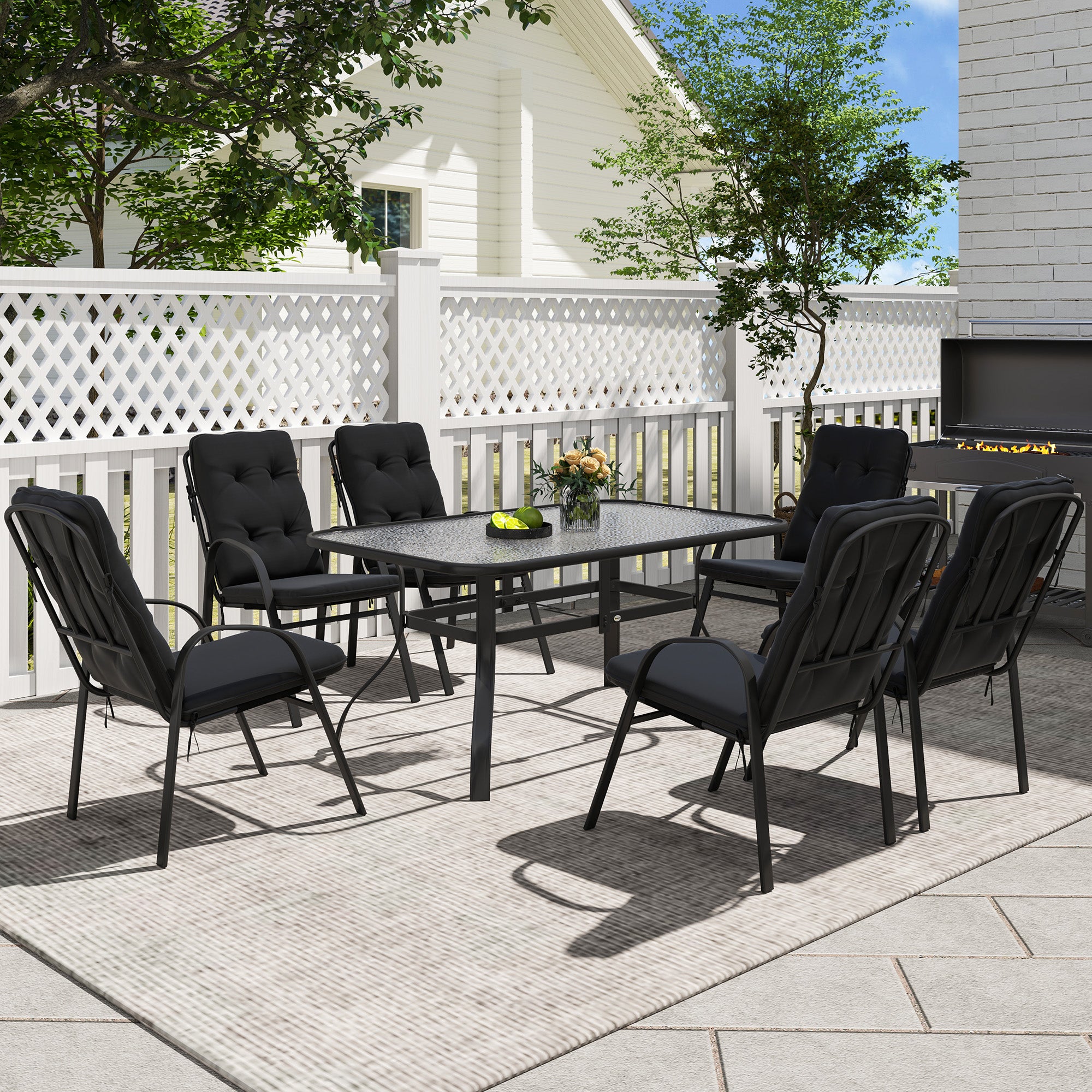 Outsunny Seven-Piece Garden Dining Set with Cushions - Black