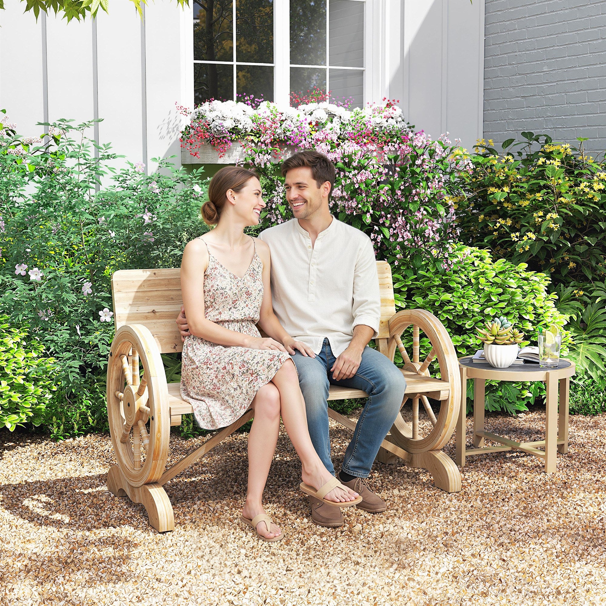 Outsunny Fir Wood 2-Seater Outdoor Garden Wagon Wheel Bench, Natural Wood Finish