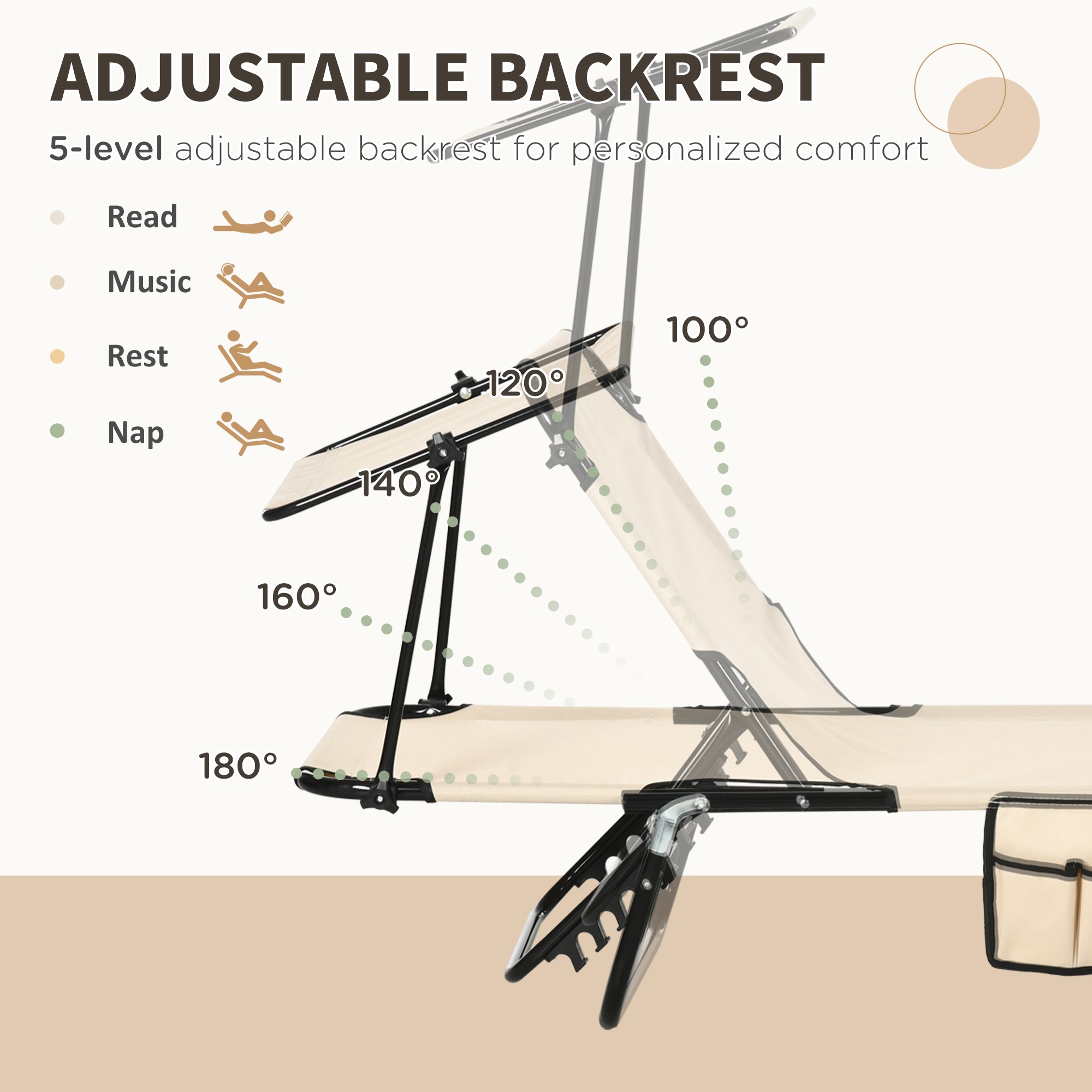 Outsunny 2 Piece Folding Sun Loungers with Canopy, Adjustable Recliner Garden Chairs with Side Pocket, Steel Frame and Breathable Mesh for Outdoor, Pool, Beach, Garden, Tan Brown