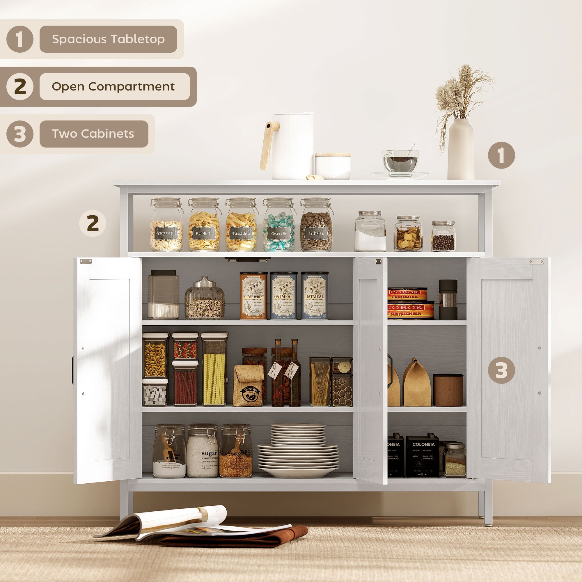 HOMCOM Industrial Kitchen Sideboard with Open Shelf, 2 Cabinets, Adjustable Shelves for Living Room, Dining Room, White