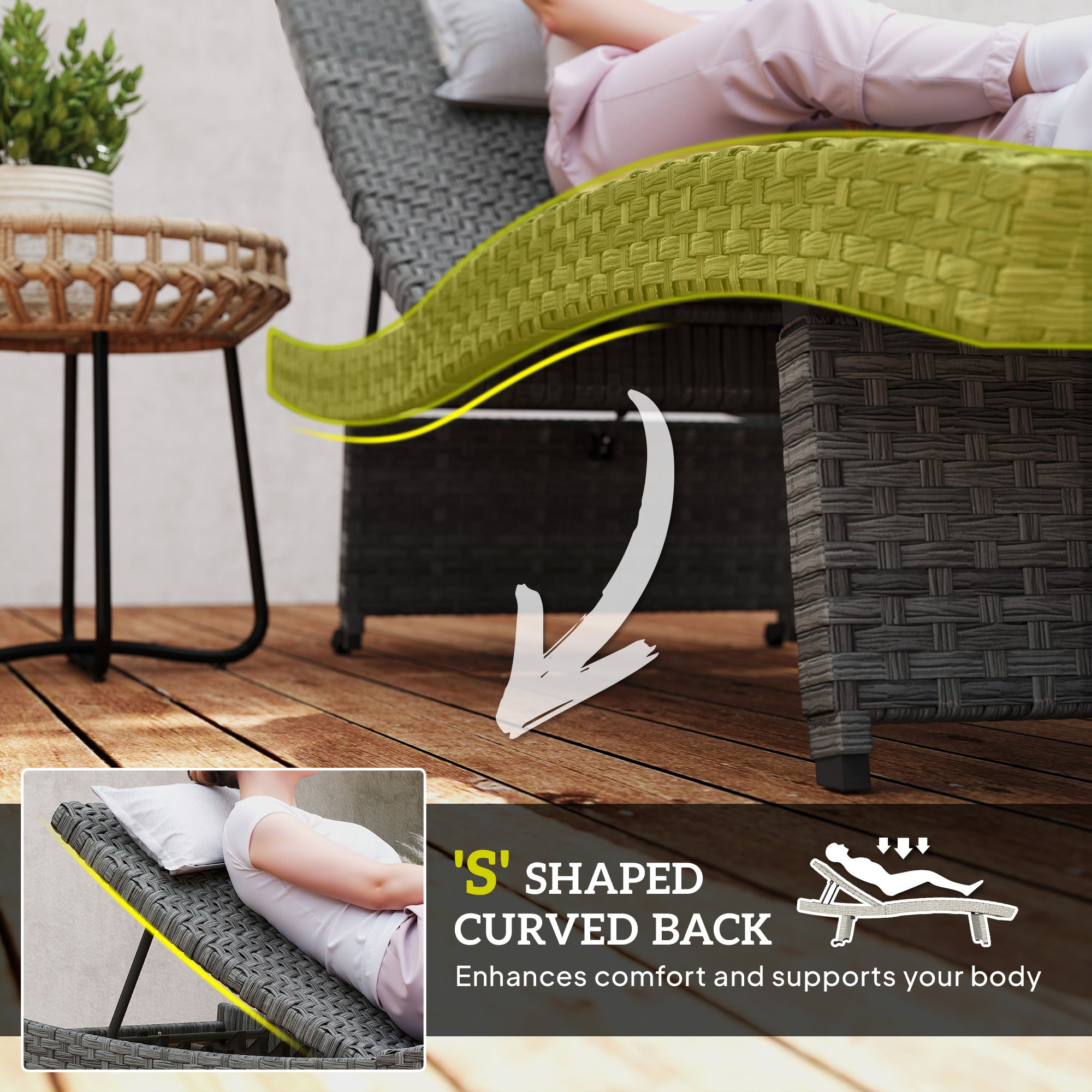 Outsunny Outdoor PE Rattan Sun Lounger, Folding Wicker Garden Lounger Recliner with 4-Level Adjustable Backrest, Rolling Sunbed Lounge Chair with Wheels, Non-Slip Legs for Balcony, Beach, Mixed-grey