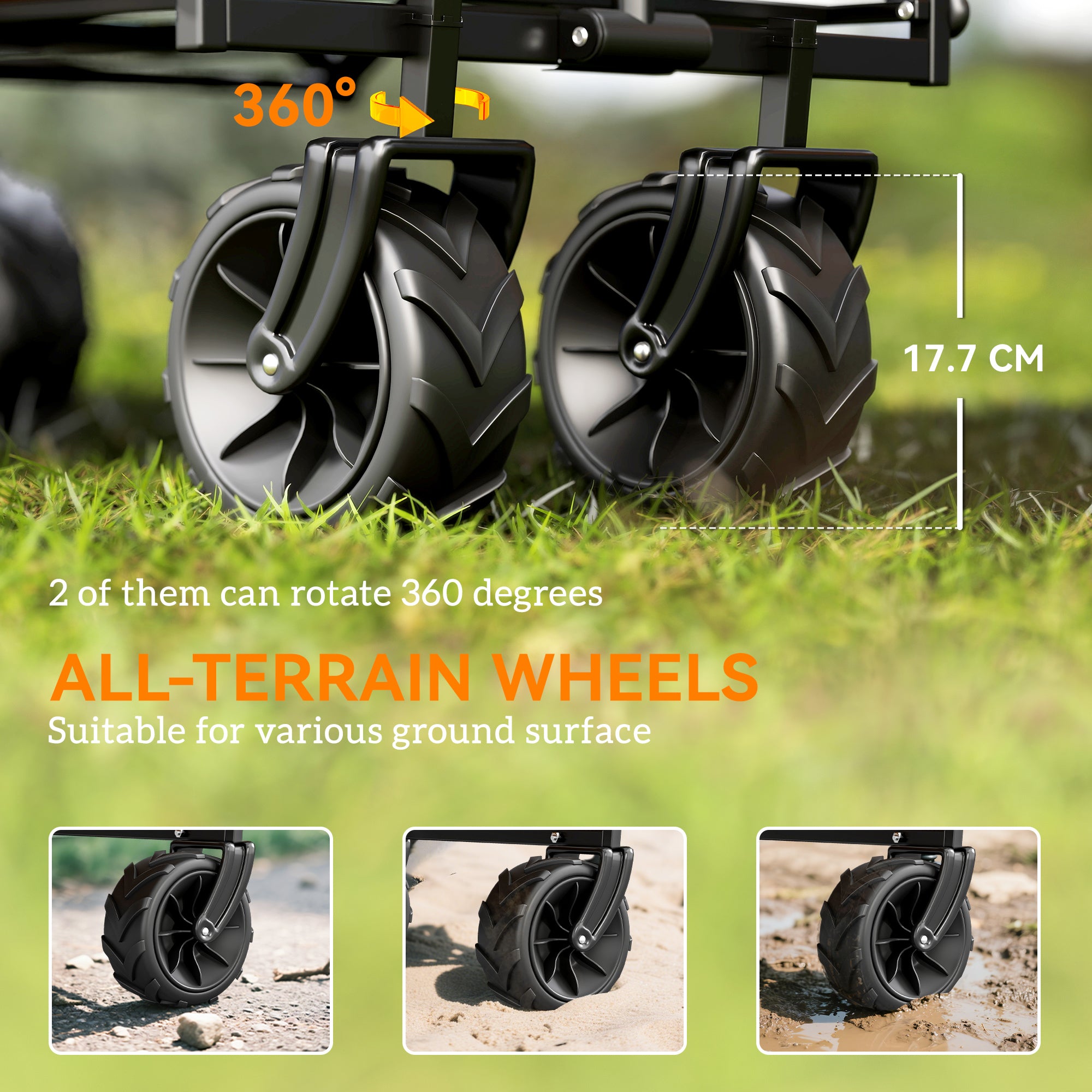 Outsunny 120L Festival Trolley on Wheels, Folding Camping Trolley Cart with Removable Canopy, All-Terrain Wheels, Adjustable Handle, Push or Pull for Garden Beach Fishing Shopping, Orange