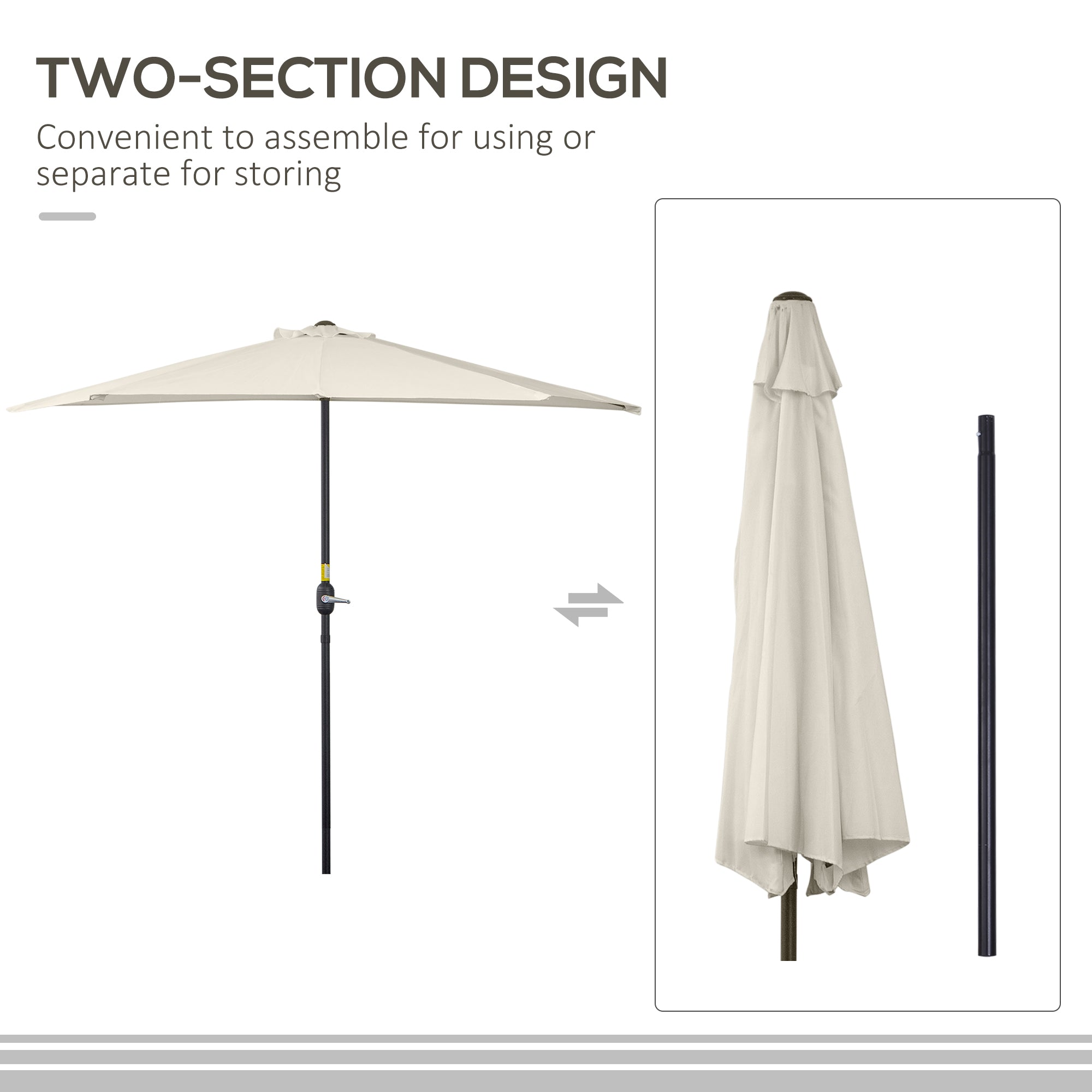 Outsunny 3(m) Half Parasol, Semi Round Umbrella with Metal Frame, Crank Handle for Balcony, Garden, Cream White