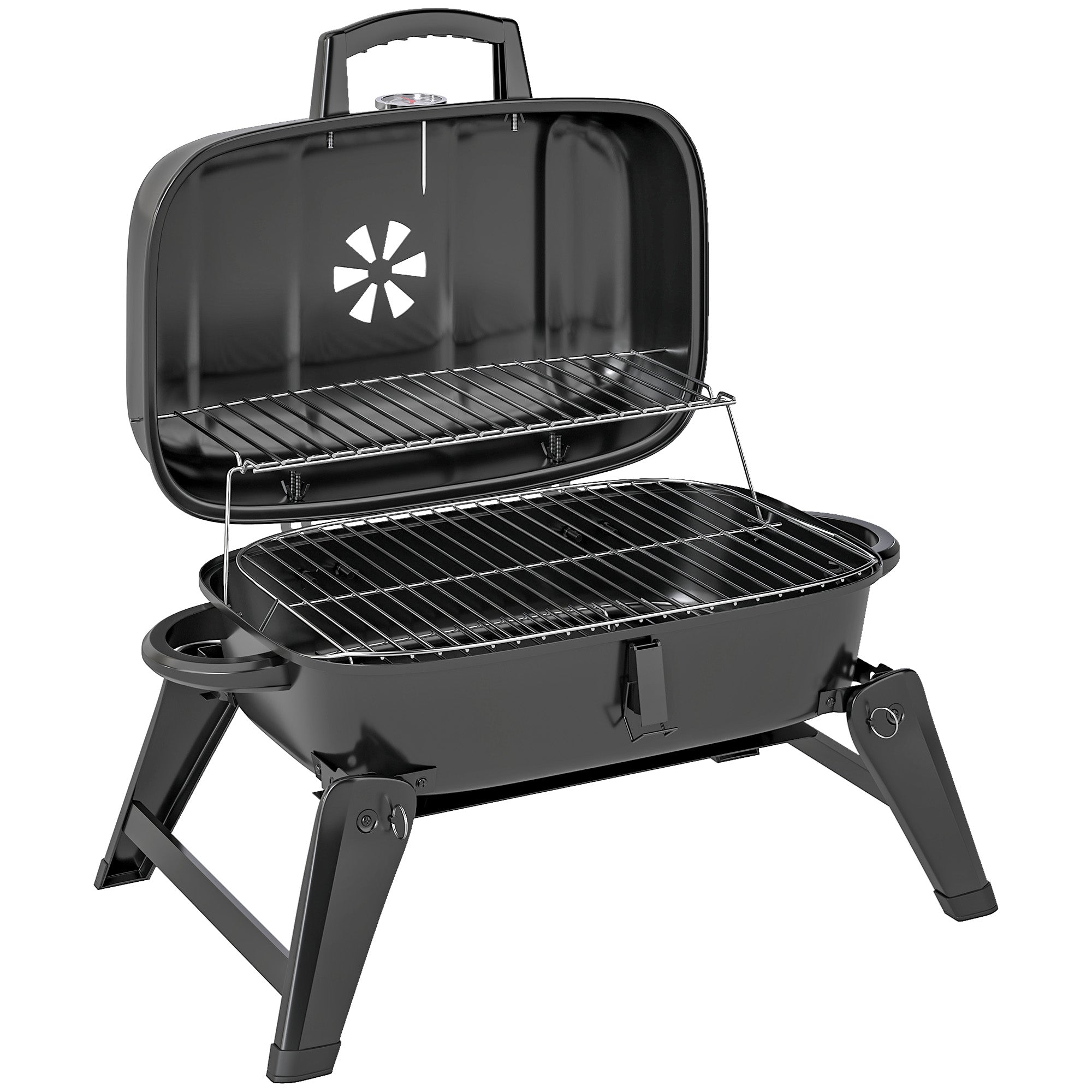 Outsunny Charcoal Barbecue Grill Folding BBQ Grill with 1232 cm√Ç¬≤ Cooking Area, Adjustable Vent, Thermometer, Handles for Camping Picnic, Black