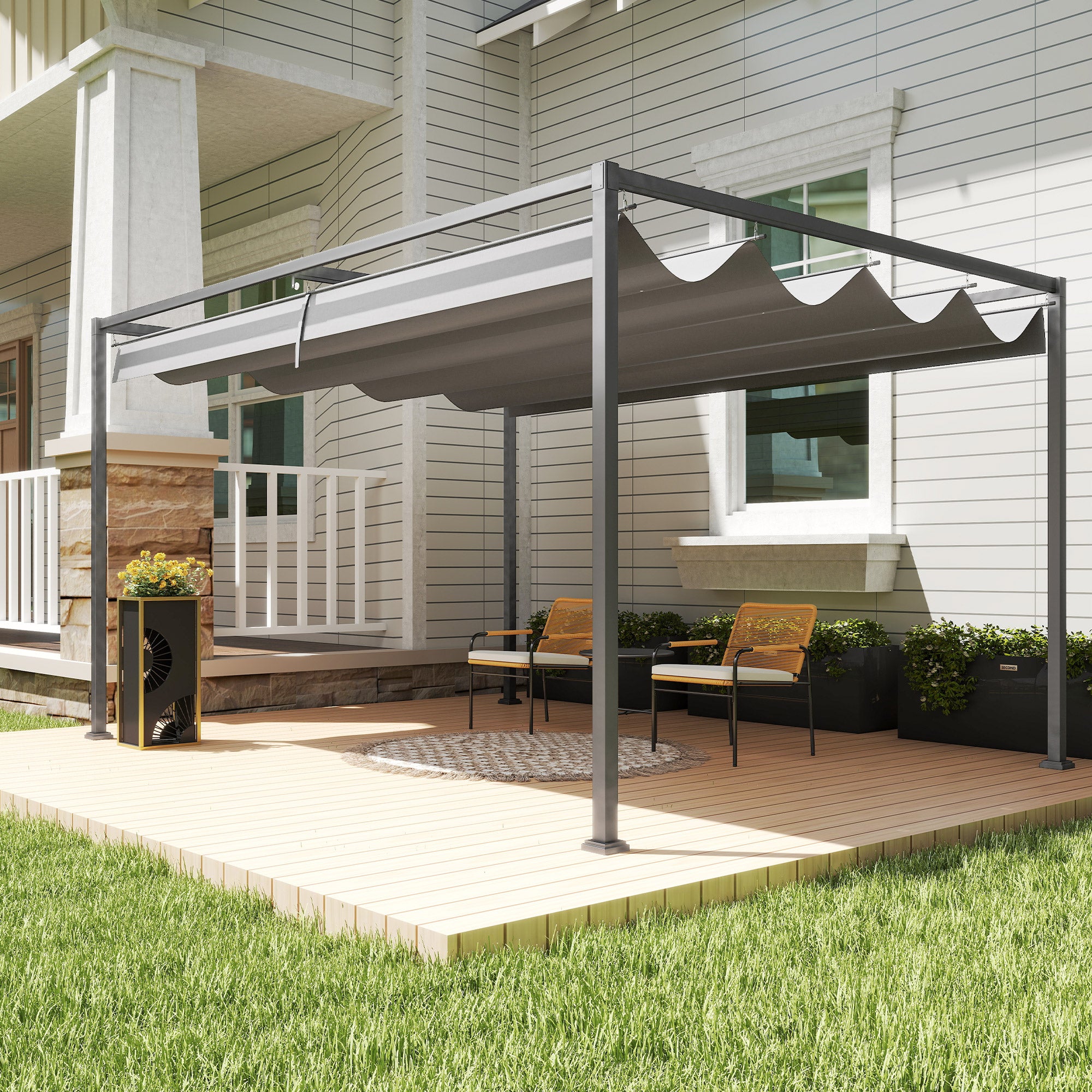 Outsunny 4 x 3(m) Metal Outdoor Pergola with Retractable Roof, Outdoor Gazebo with Drainage Holes for Garden, Patio, Lawn, Grey