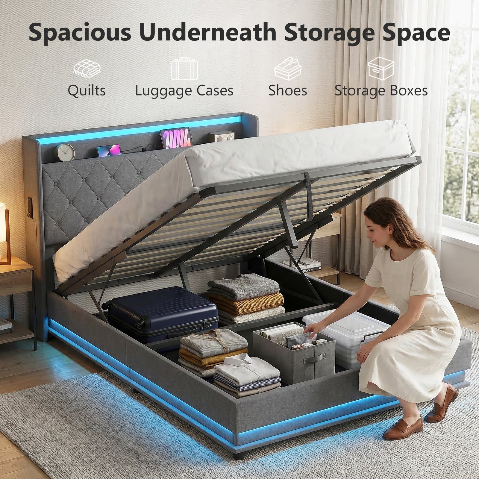 HOMCOM 4ft6 Double Bed Frame with Headboard, Platform Bed Frame with Hydraulic Storage, LED Lights and Charging Station, Grey