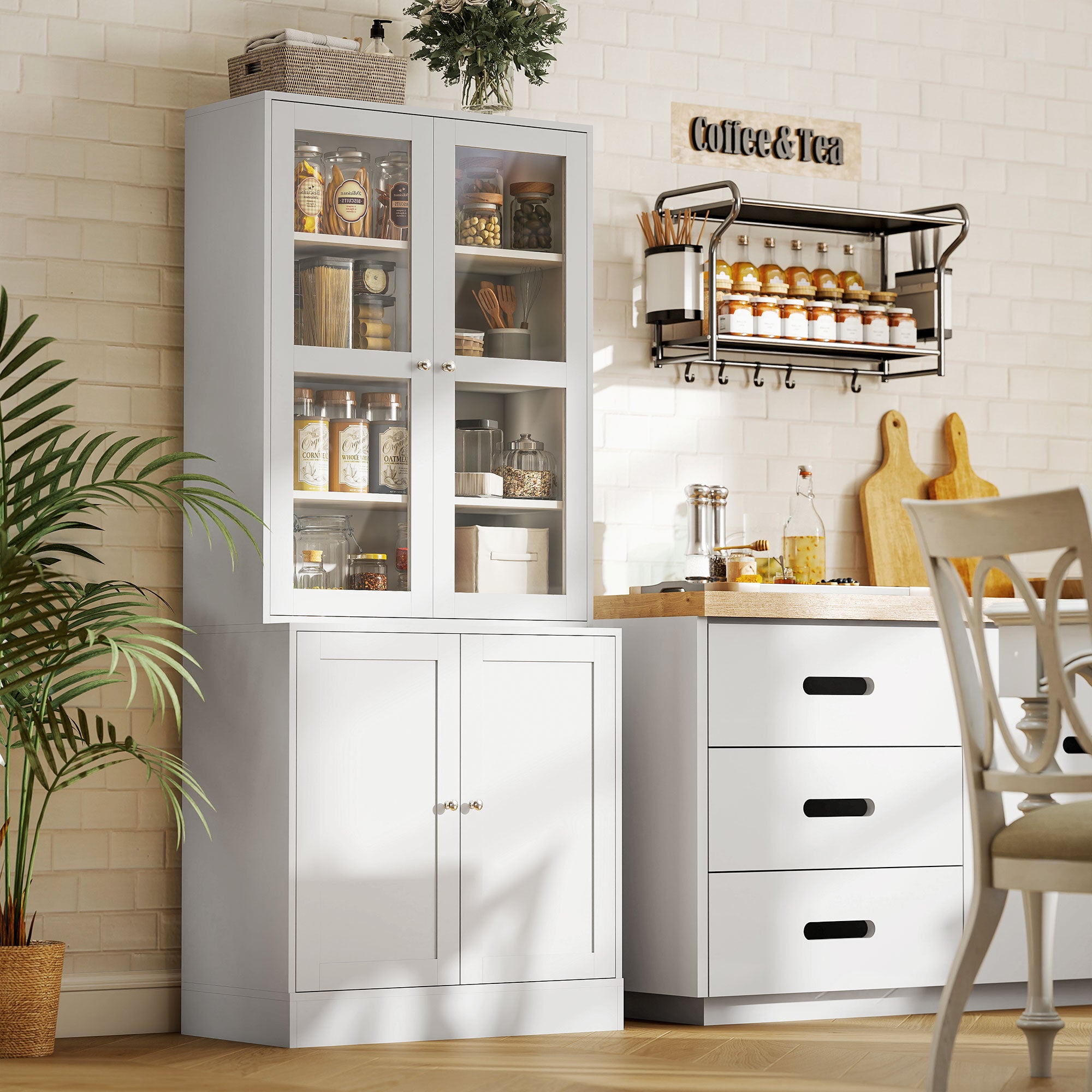 HOMCOM Modern Bookcase with Glass Doors, Display Storage Cabinet with Adjustable Shelves for Living Room, Study, Home Office, Kitchen Cupboard with Small Open Counter, White