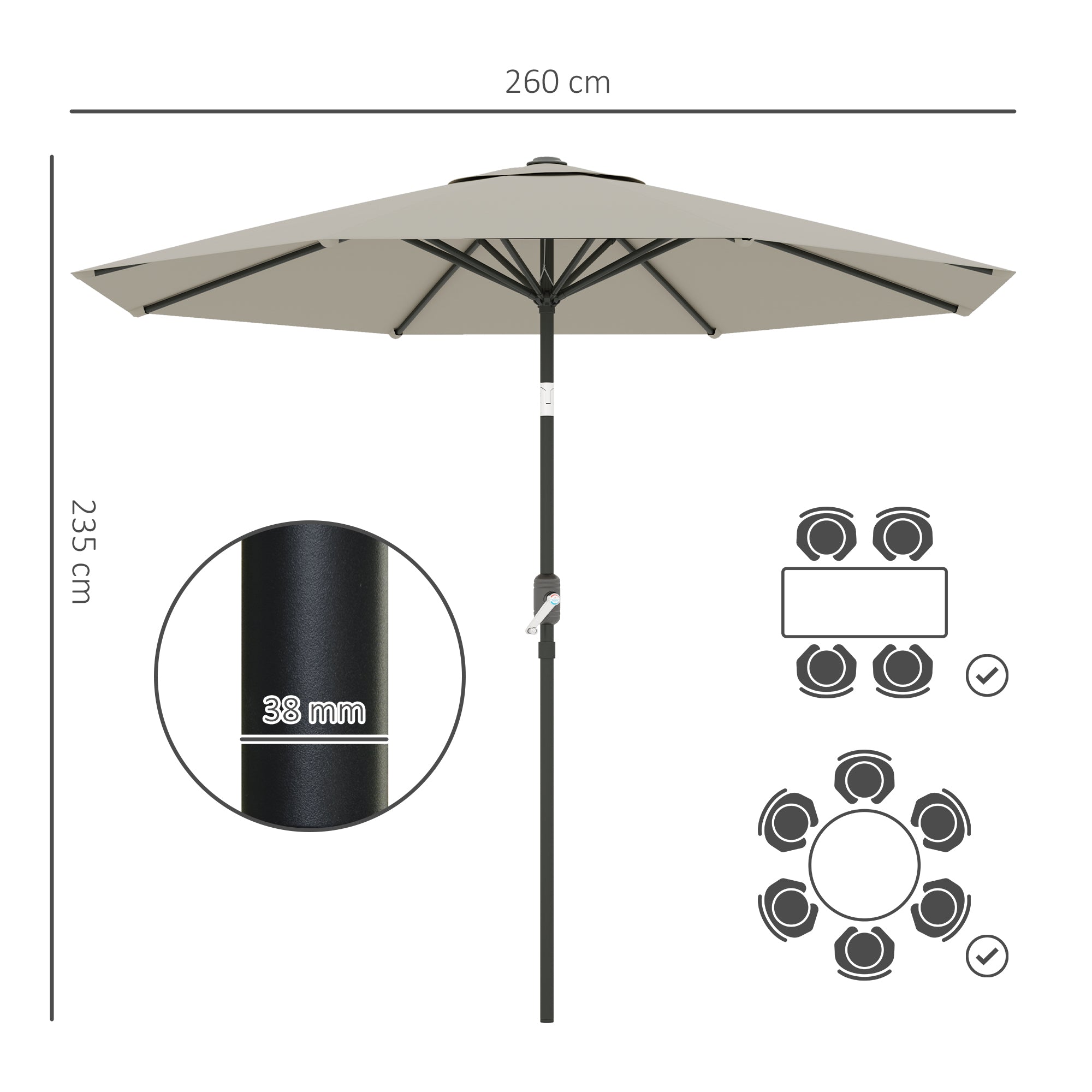 Outsunny 2.6M Garden Parasol Umbrella with Tilt and Crank, Outdoor Sun Parasol Sunshade Shelter with Aluminium Frame, Light Grey