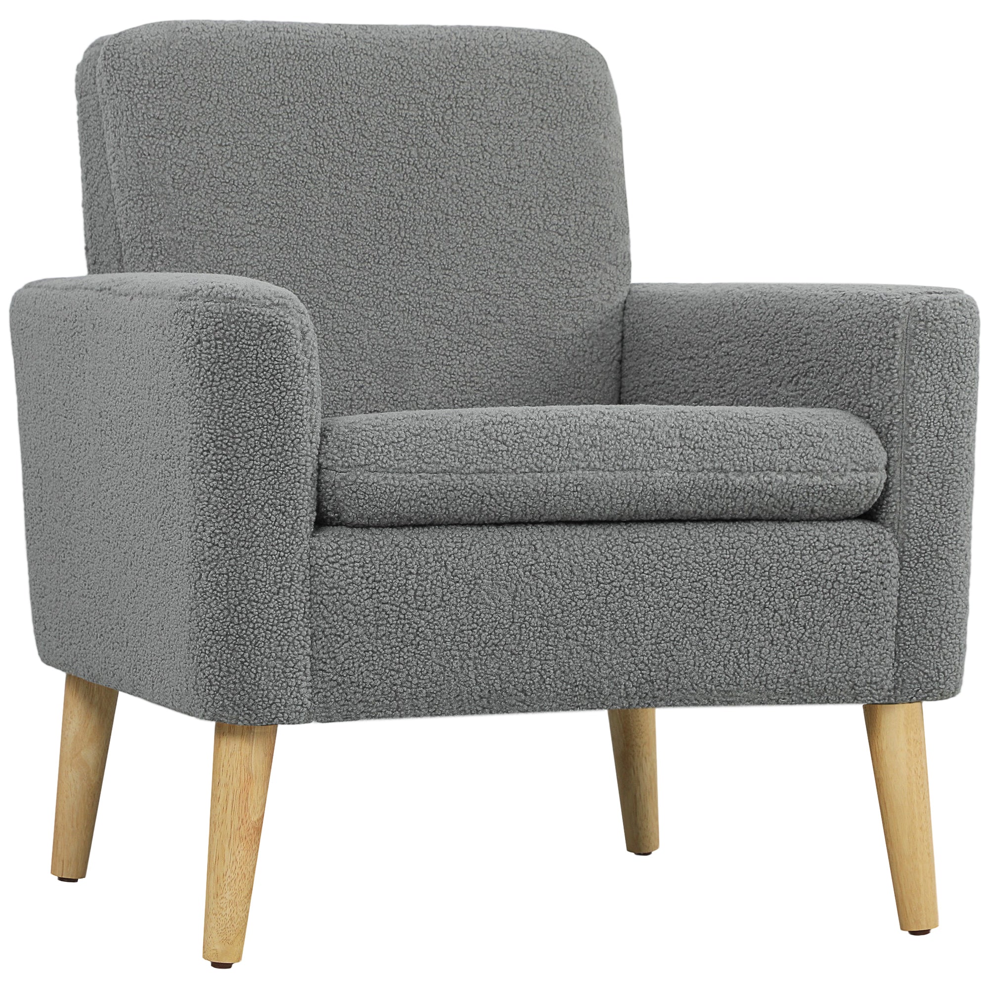 HOMCOM Armchair, Upholstered Accent Chair with Wood Legs and Wide Padded Seat, Teddy Occasional Chair, Grey