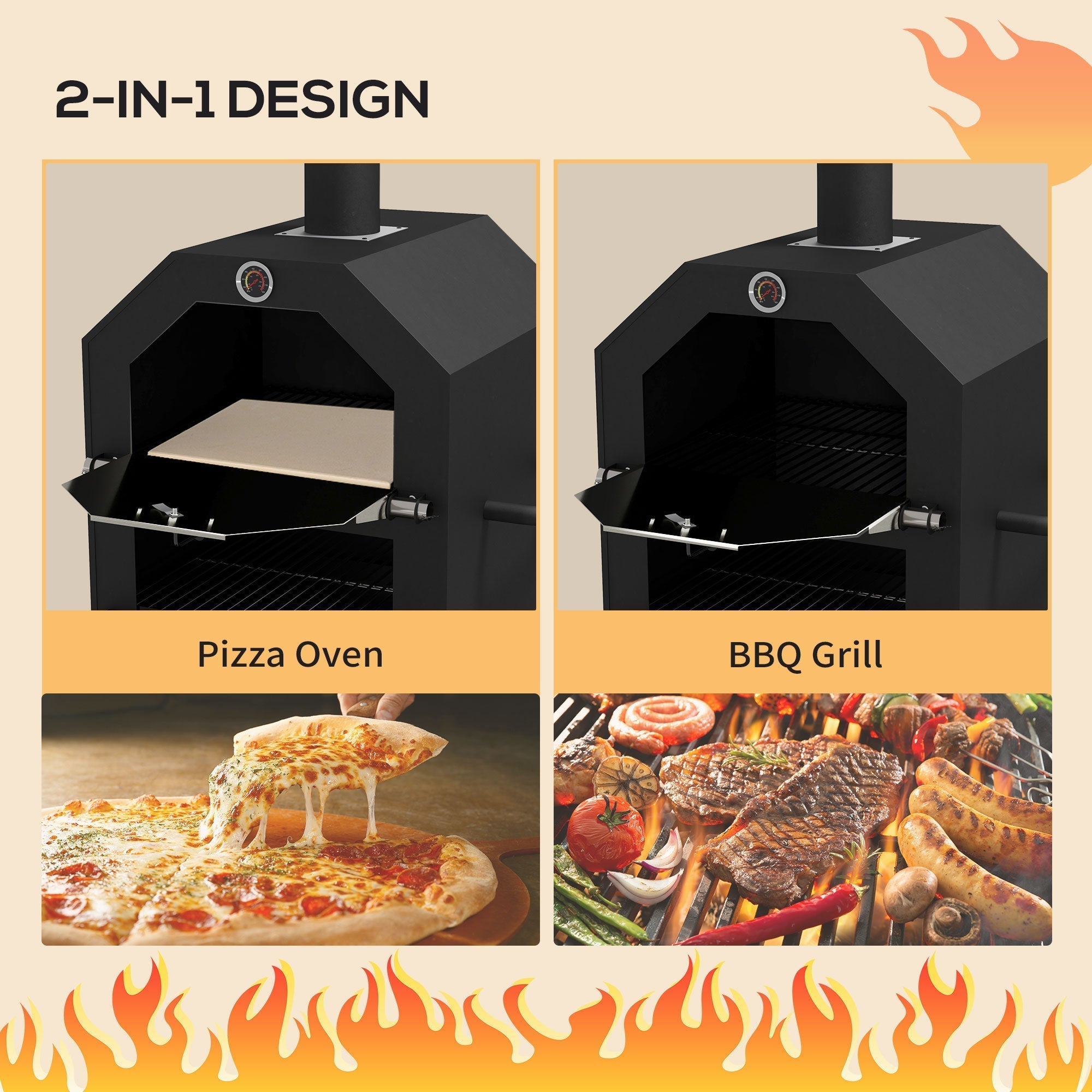 Outsunny Steel 3-Tier Outdoor Pizza Oven Charcoal BBQ Grill, Black