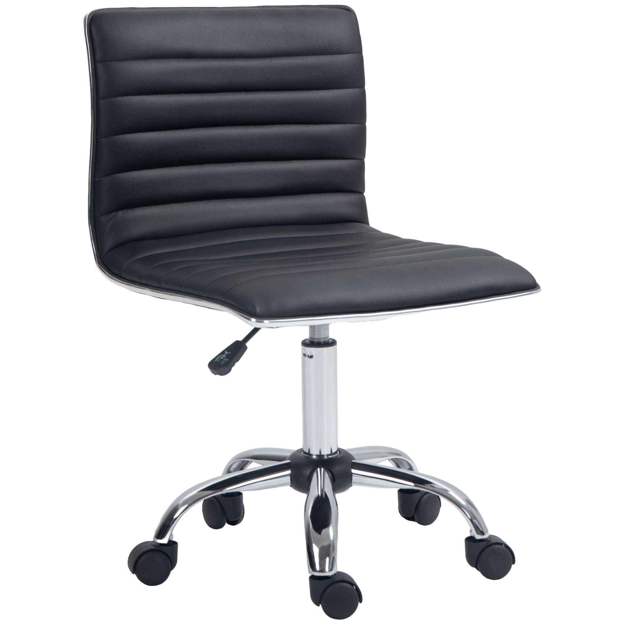 HOMCOM Armless Task Desk Chair, Swivel Office Chair with Faux Leather, Adjustable Seat Height, Chrome Base, Wheels for Home, Black