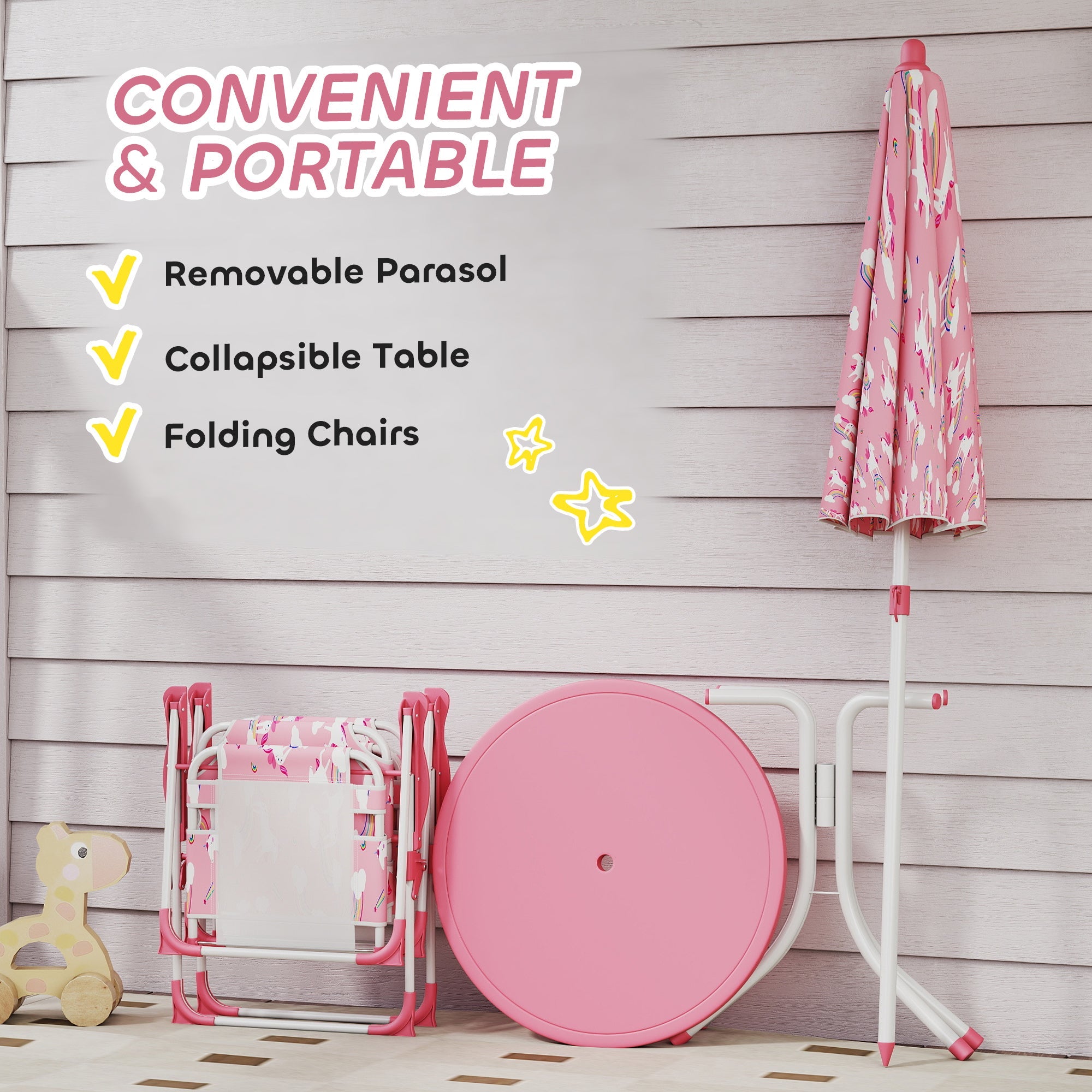 AIYAPLAY Kids Patio Table and Chair Set, Kids Garden Furniture with Umbrella, 4-Piece Bistro Set for Garden, Pink