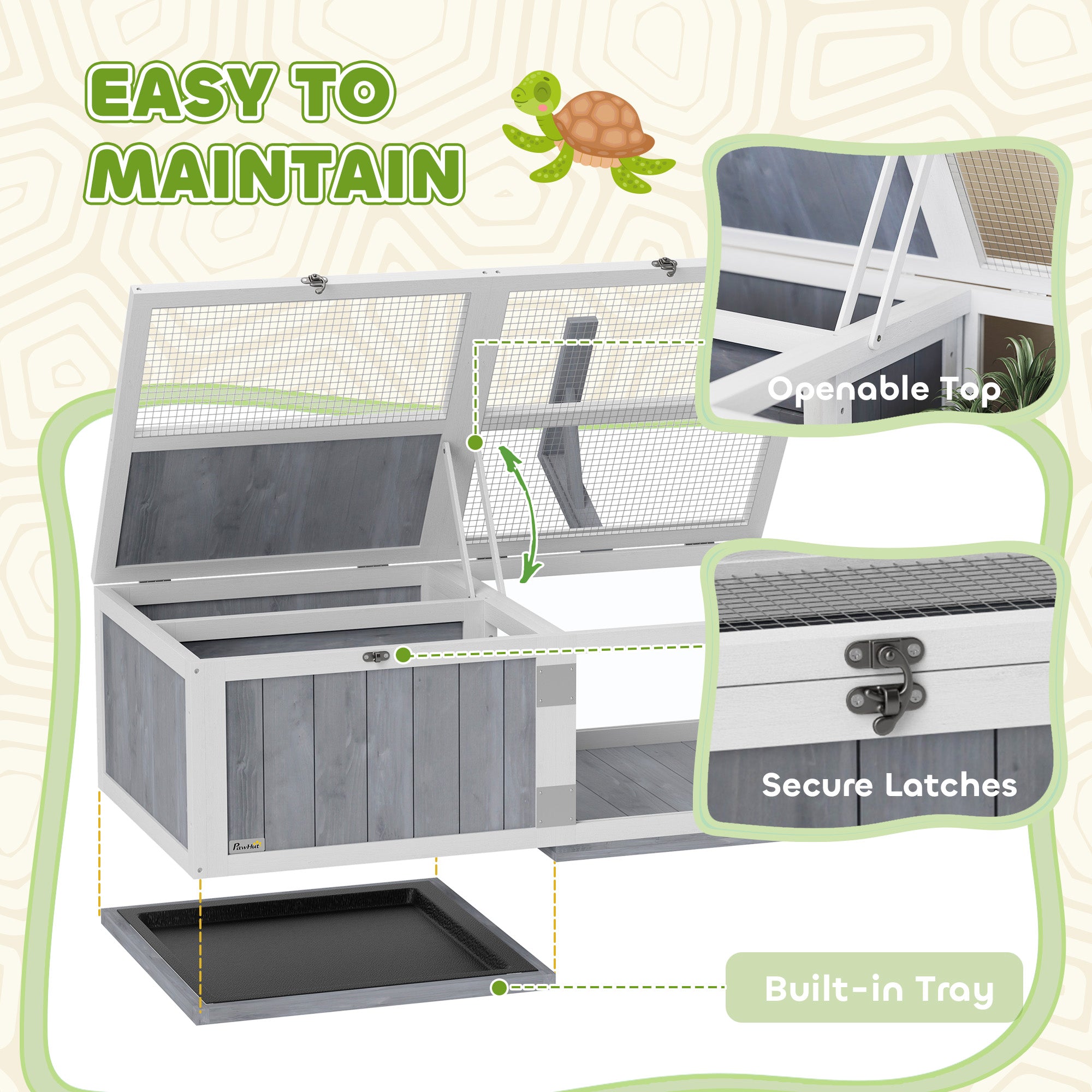 PawHut Wooden Tortoise House with Lamp Holder, Clear Windows, Openable Tops, Built-In Tray, Light Grey
