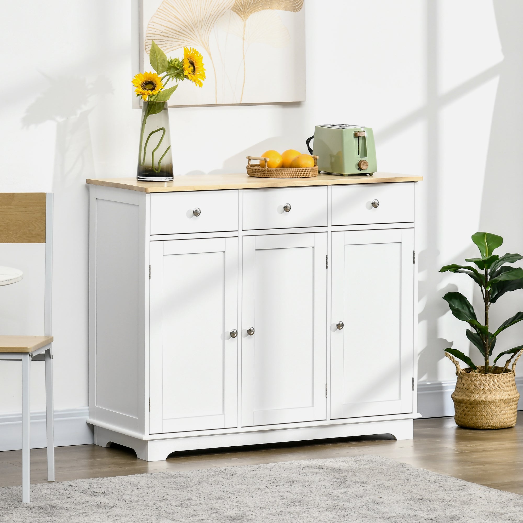 HOMCOM Sideboard with Rubber Wood Top, Modern Storage Cabinet, Kitchen Cupboard with 3 Doors, 3 Drawers and 3 Adjustable Shelves for Dining Room, Living Room, White