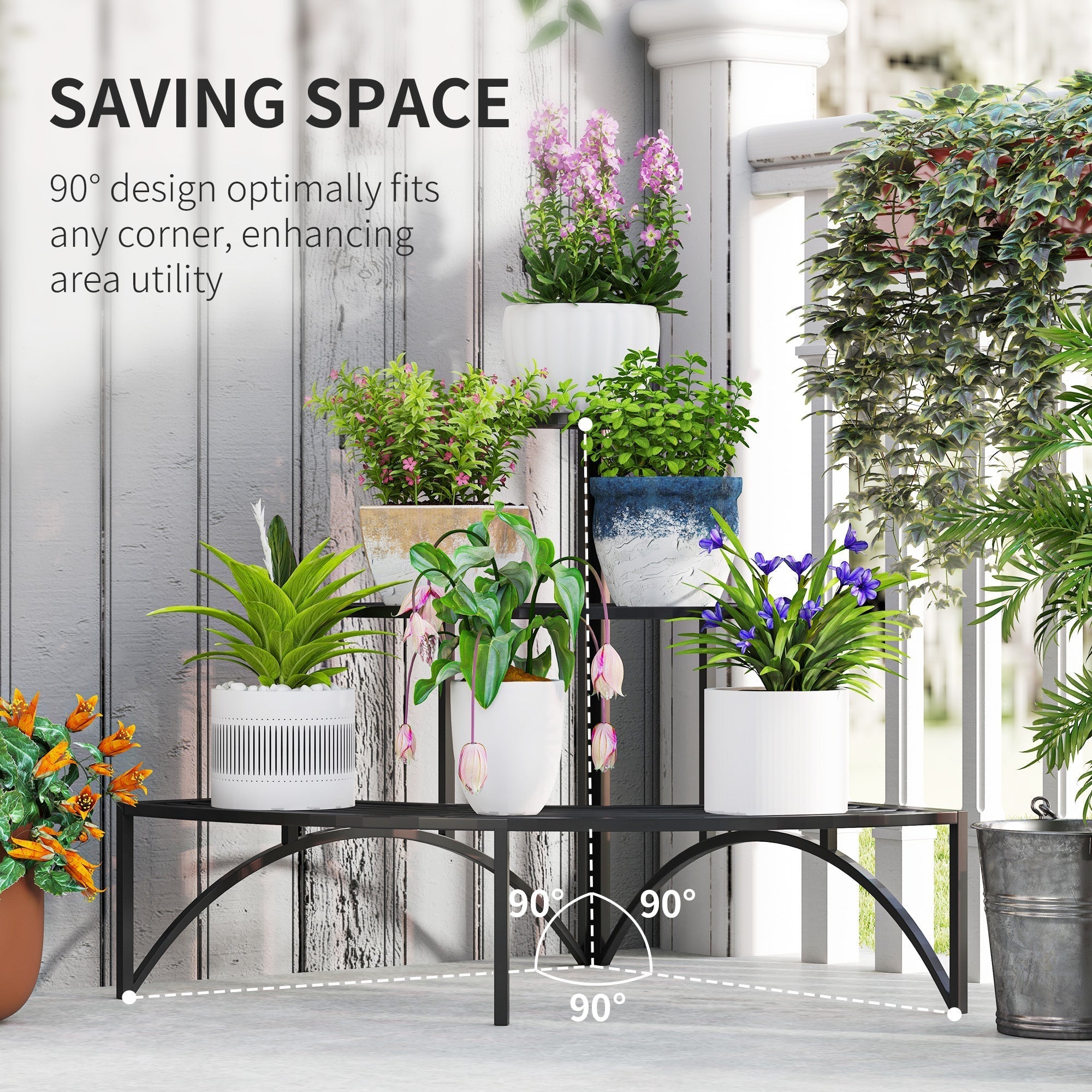 Outsunny Three-Tier Corner Metal Plants Shelves - Black