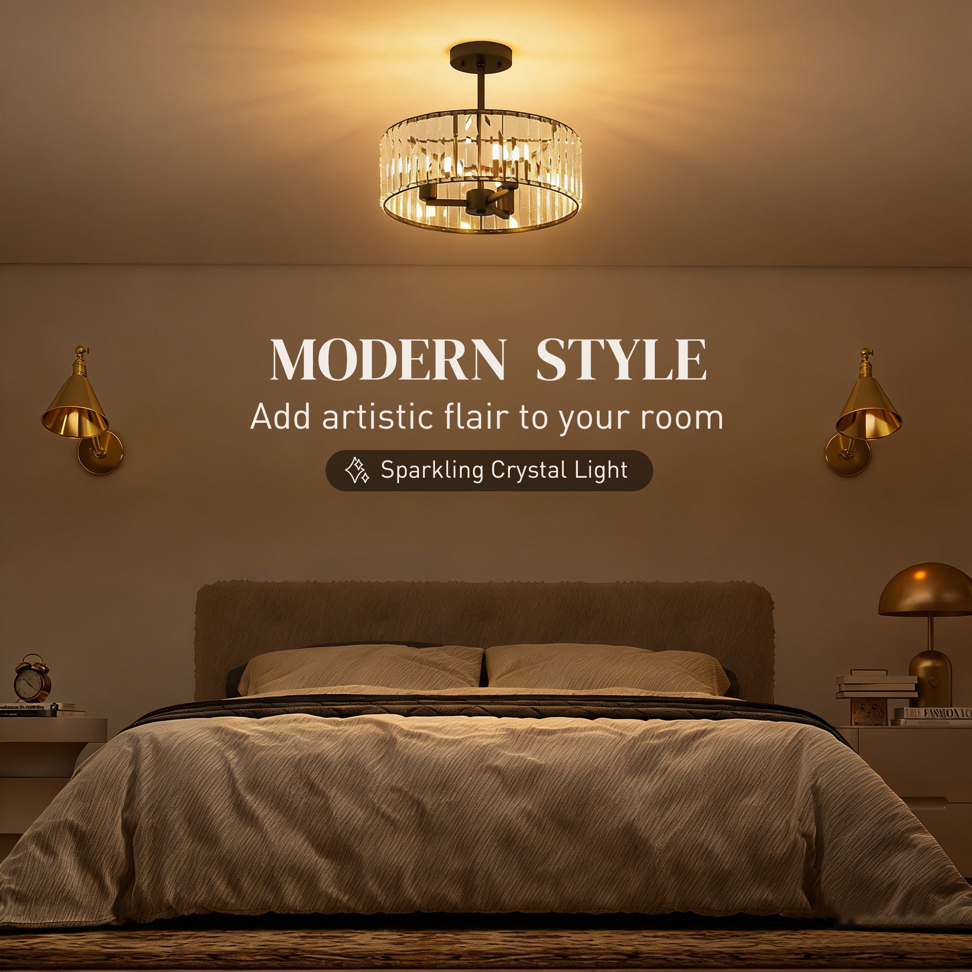 HOMCOM Crystal Ceiling Light, Semi Flush Mount Modern Crystal Chandelier Ceiling Light, E14 Base 3-Lights, Bulbs Not Included