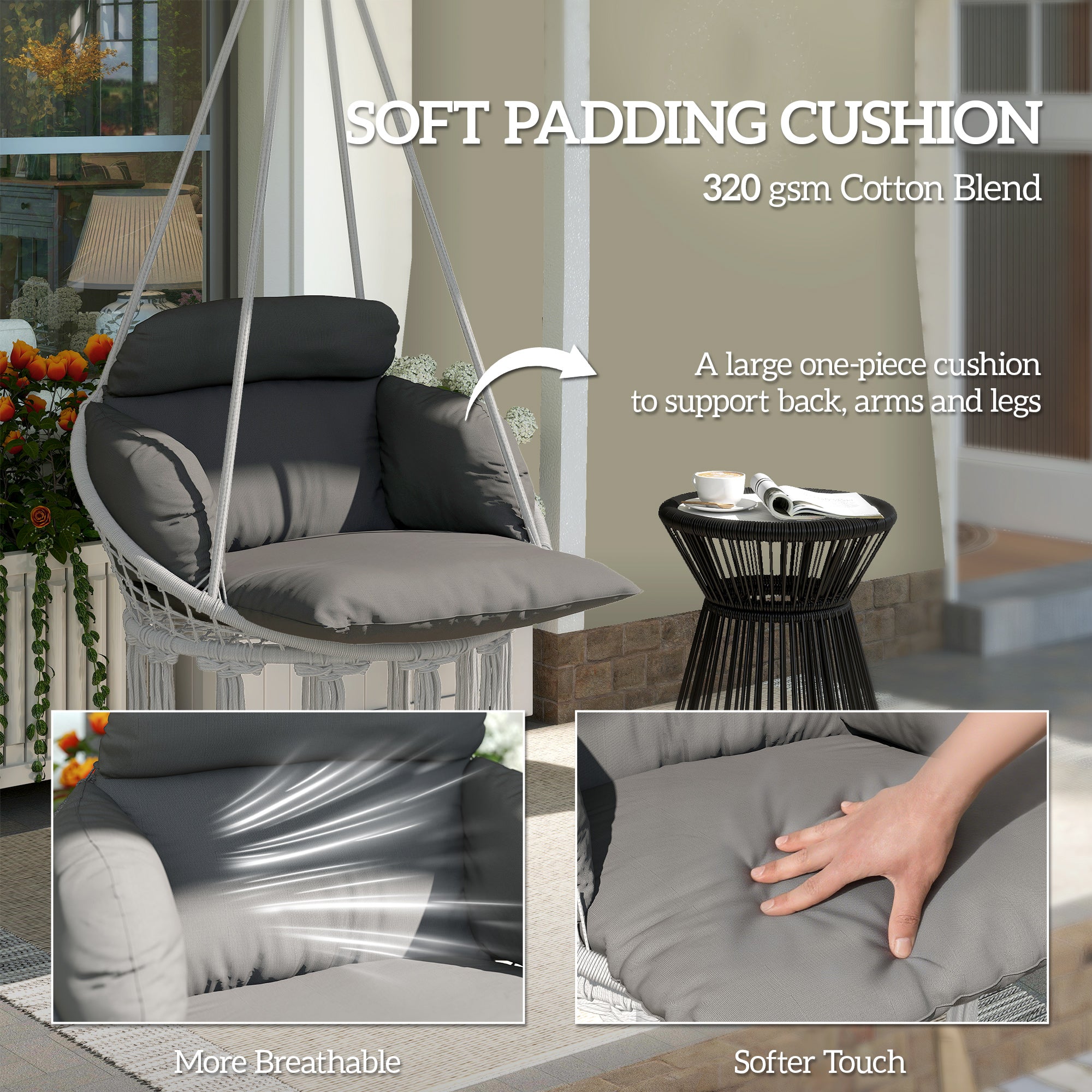 Outsunny Hanging Chair Outdoor Hammock Chair with Soft Cushion, Cotton Rope Boho Style Swing Chair, Hanging Garden Swing Seat for Indoor Outdoor, Dark Grey