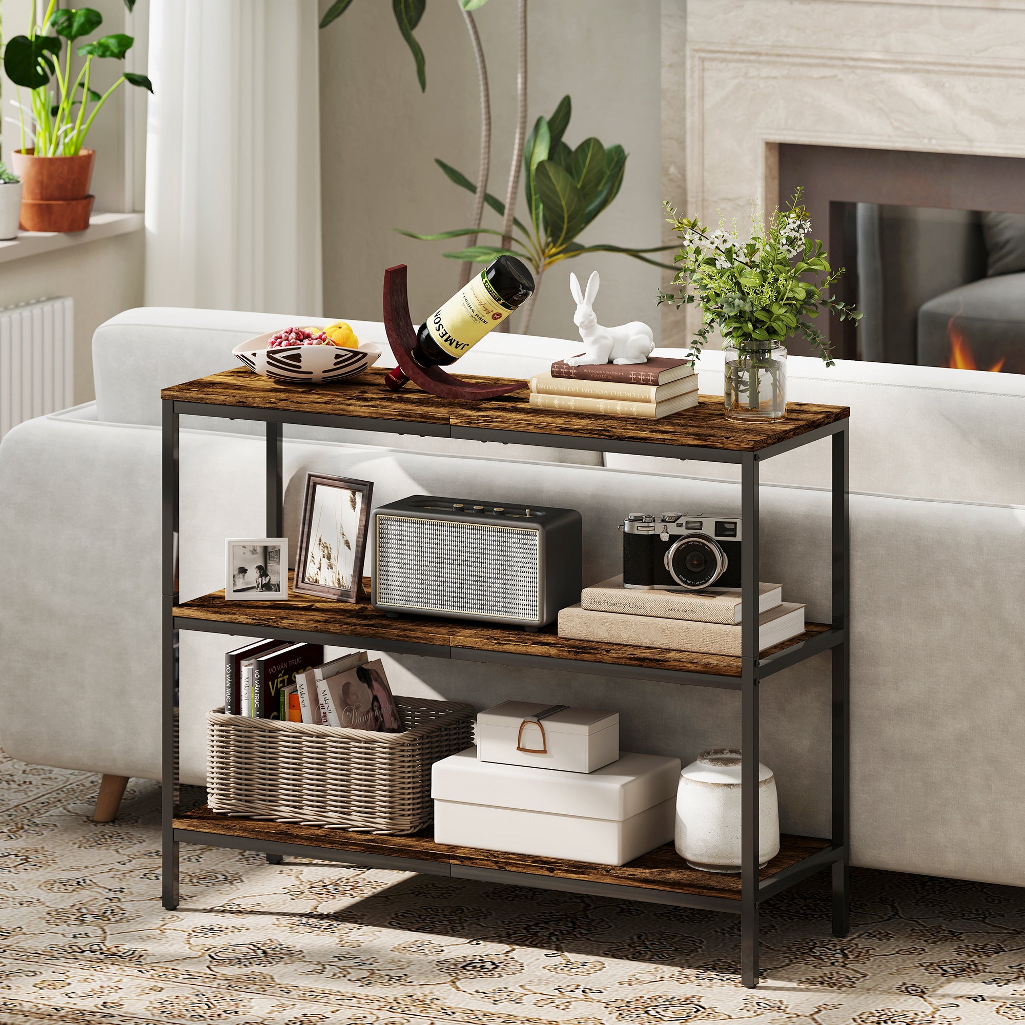 HOMCOM 3-Tier Console Table with Storage Shelves - Rustic Brown