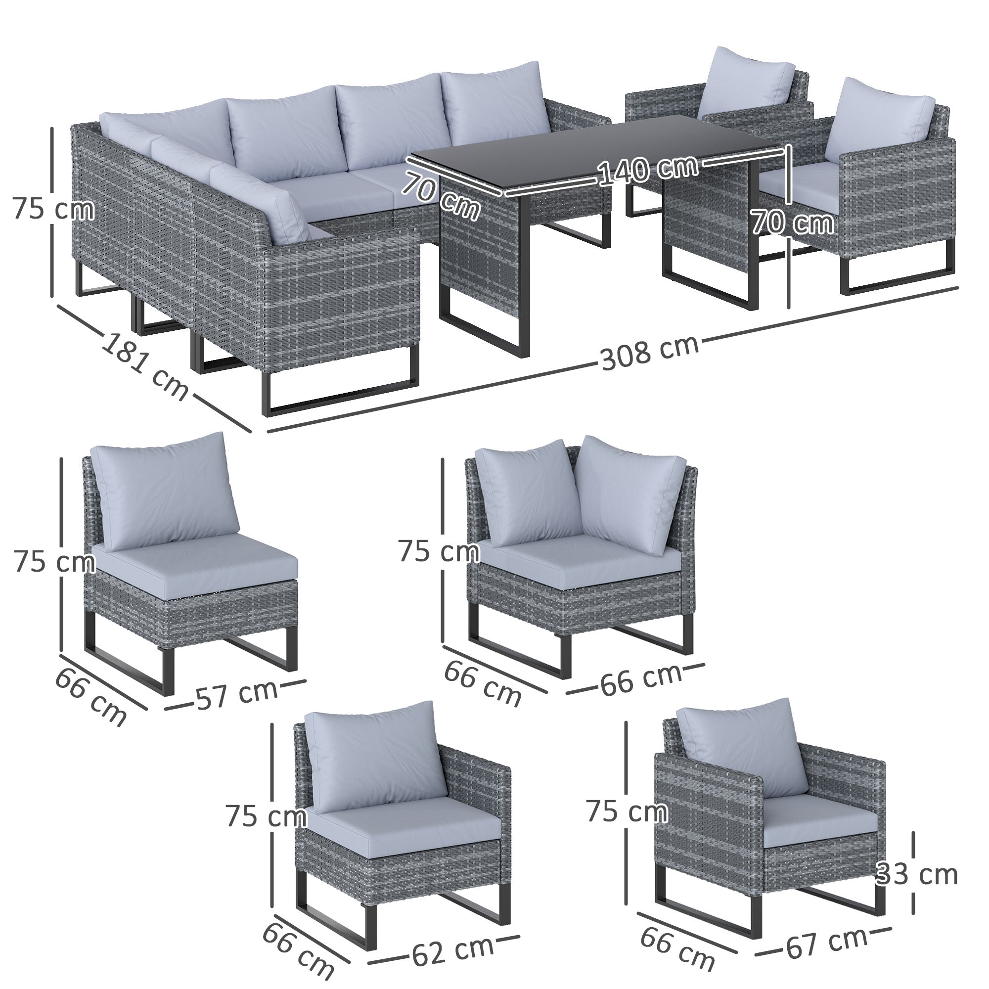 Outsunny 9 Piece Rattan Garden Furniture Set, 8 Seater Garden Corner Sofa with Cushions and Glass Top Table, Sectional Outdoor Furniture Conservatory Set for Patio, Light Grey
