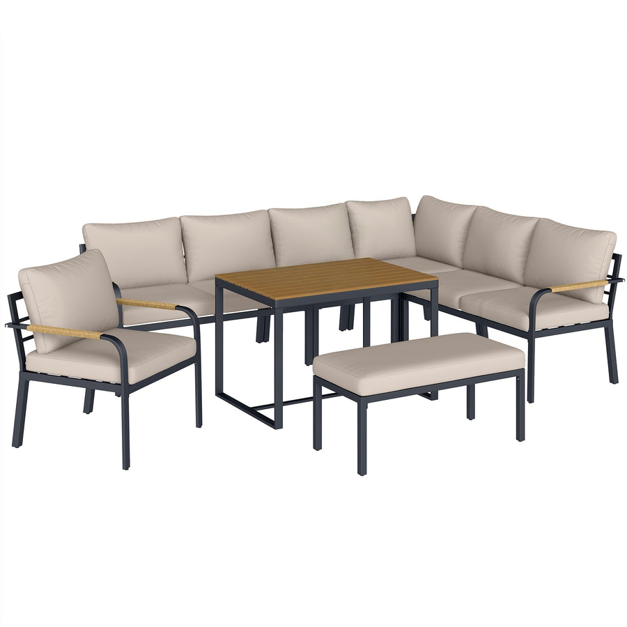 Outsunny 7 Seater Garden Furniture Set, Metal Garden Sofa Set with Cushions, Outdoor Furniture Conversation Sets, Khaki