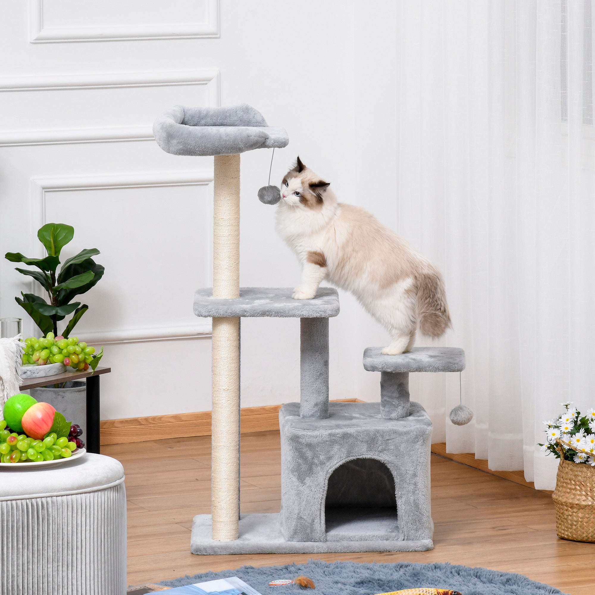 PawHut Cat Tree Tower for Indoor Cats 114cm Climbing Activity Centre Kitten with Sisal Scratching Post Perch Hanging Ball Condo Toy Light Grey