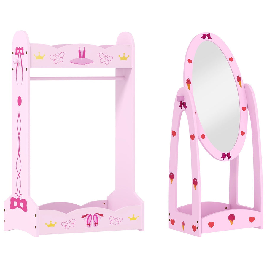 AIYAPLAY Kids Clothes Rail, Kids Dressing Mirror with 360 Rotating, 2 Piece Kids Furniture Set with Storage Shelves, Pink