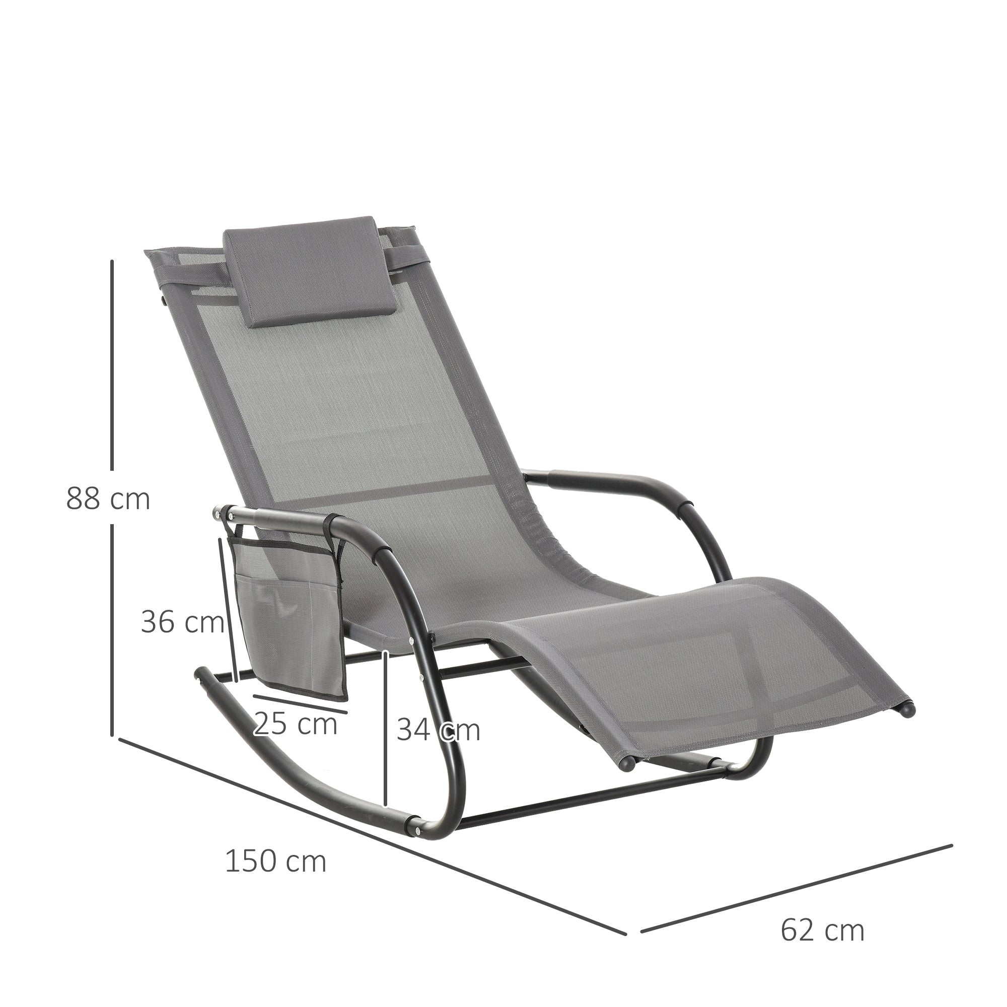 Outsunny 2PCs Outdoor Garden Rocking Chair, Patio Sun Lounger Rocker Chair with Breathable Mesh Fabric, Removable Headrest Pillow, Armrest, Side Storage Bag, Grey