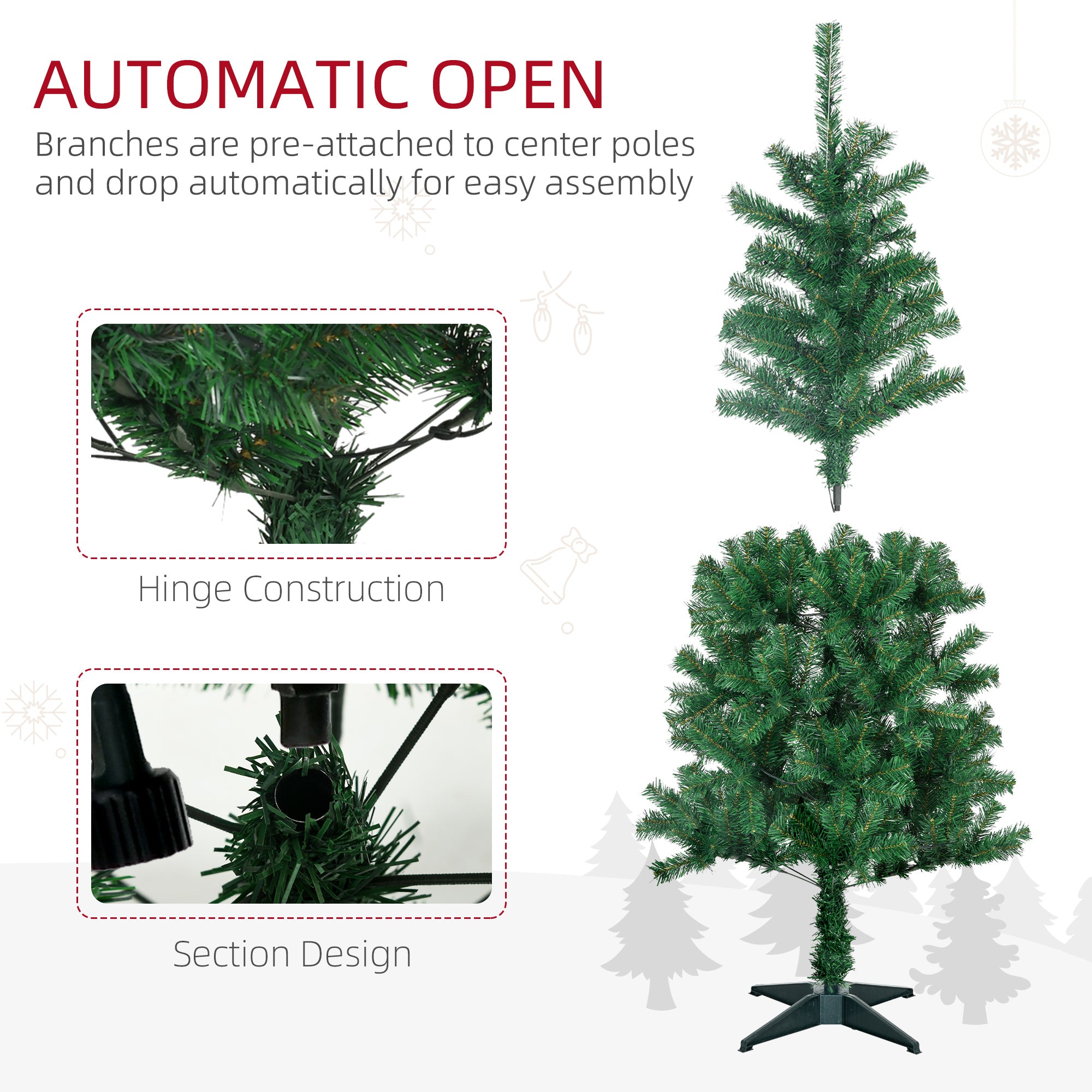 HOMCOM 5' Artificial Prelit Christmas Trees Holiday D√É¬©cor with Warm White LED Lights, Auto Open, Tinsel, Ball, Star