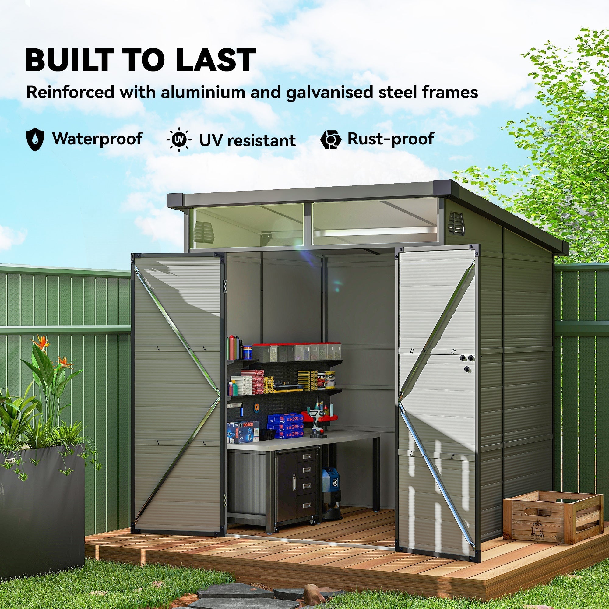 Outsunny 6 x 6ft Outdoor Storage Shed, Plastic Garden Shed with Windows and Air Vents, Outdoor Resin Tool Shed with Latch Doors for Garden, Deck, Light Grey