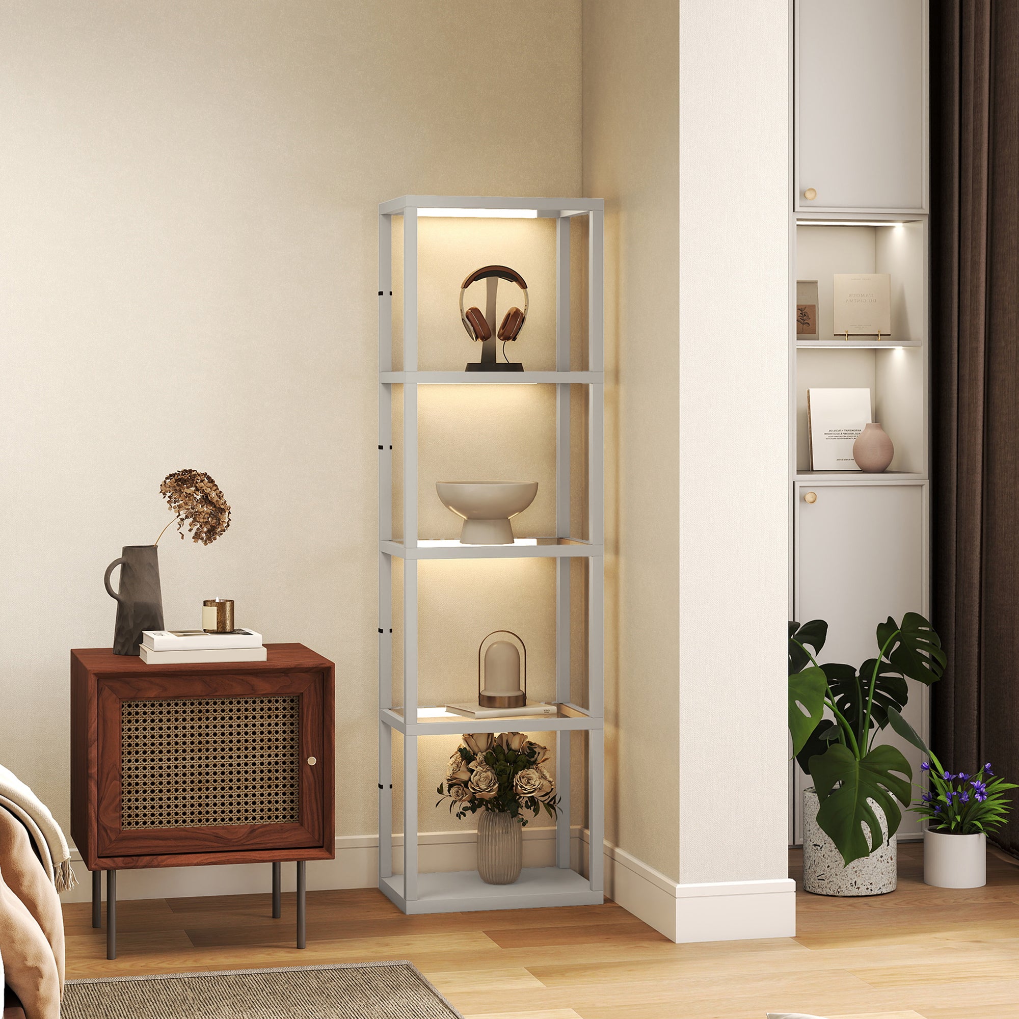 HOMCOM LED Floor Lamp with Glass Shelves, 4 Layers Dimmable Tall Standing Lamp, Modern Column Shelf Floor Light for Living Room, Bedroom, Office, Grey