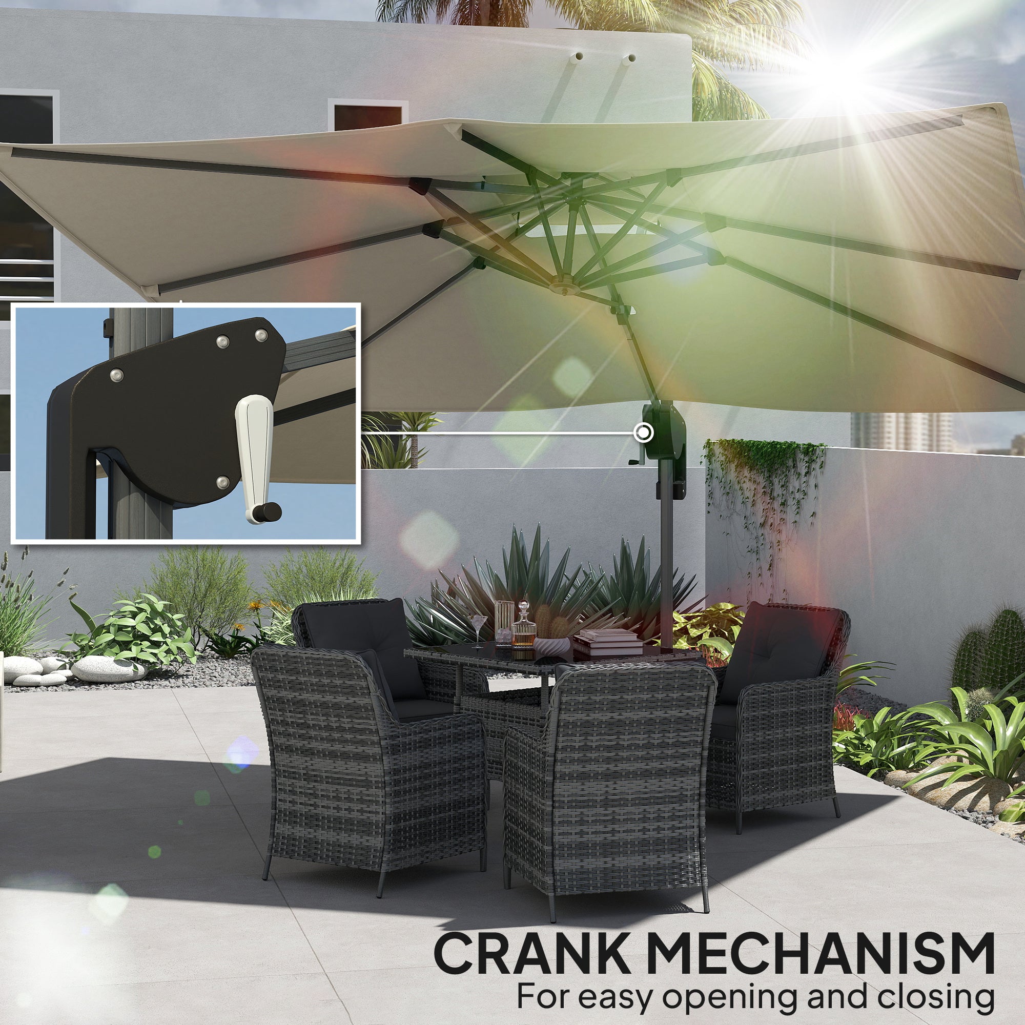 Outsunny 3.7 x 2.7 m Cantilever Parasol w/ 360√Ç¬∞ Rotation and Easy Tilt Adjustment, Aluminium Hanging Offset Outdoor Umbrella w/ Double Top, Cross Base, UPF50+ Hanging Sun Shade, Grey Wood Effect Pole