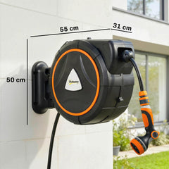 Outsunny 28+2m Retractable Hose Reel Wall Mounted with Auto Retraction, Self-Locking, Slow Return System, 12-Pattern Nozzles