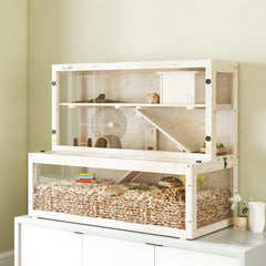PawHut Wooden Hamster Cage with Hut, Wheel, Ramps, Removable Viewing Panels, 100 x 50 x 84 cm, Natural Wood