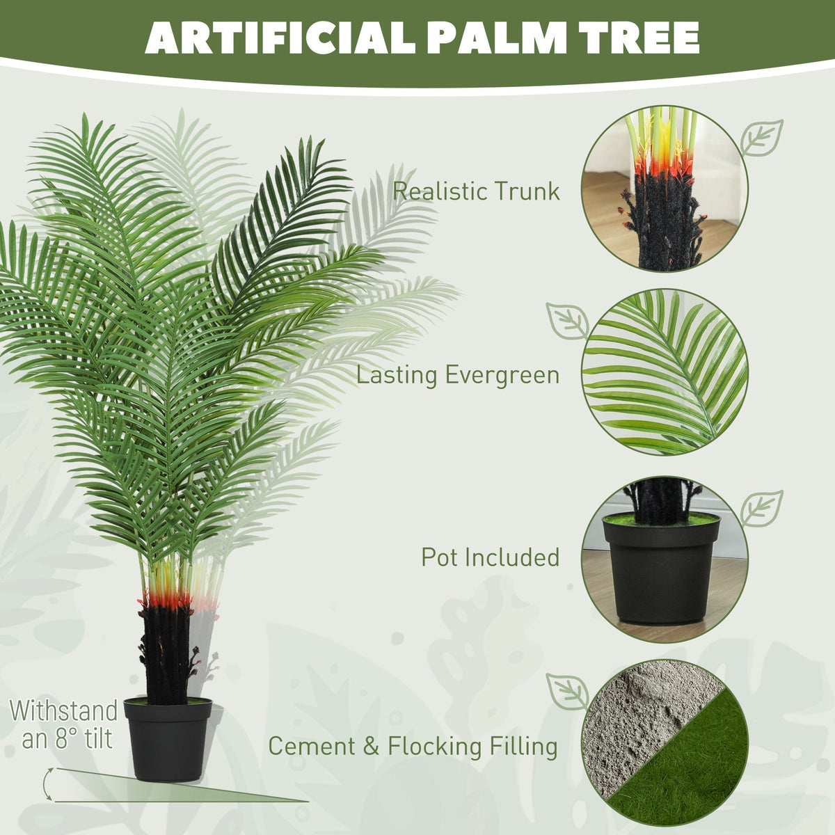 HOMCOM 150cm Artificial Areca Palm Tree with 12 PE Leaves, Decorative Artificial Plant with Plastic Pot and Flocked Soil, Fake Plant for Home Office Decor, Green