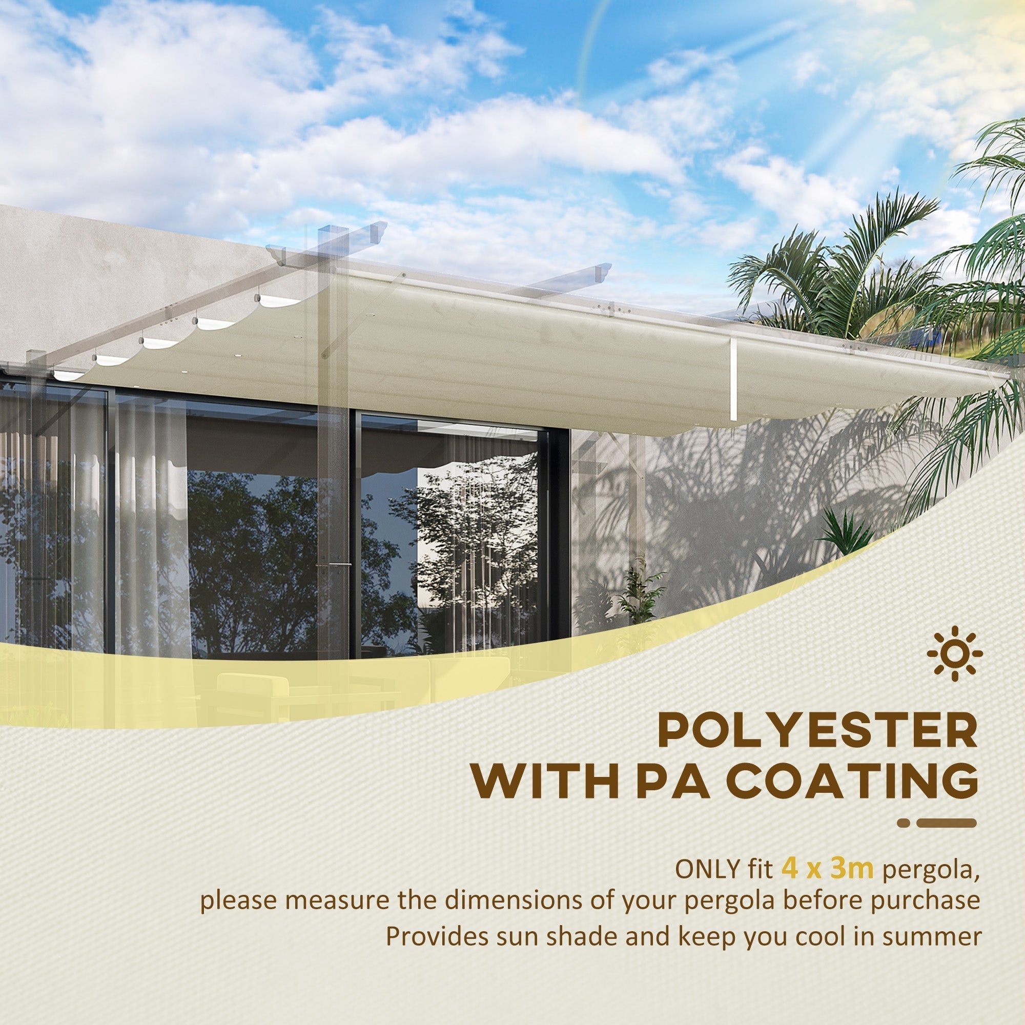 Outsunny Retractable Pergola Cover, 3.5 x 2.6 m Replacement Canopy Fabric for 4 x 3 m Frame, Roof Top Only, Cream White