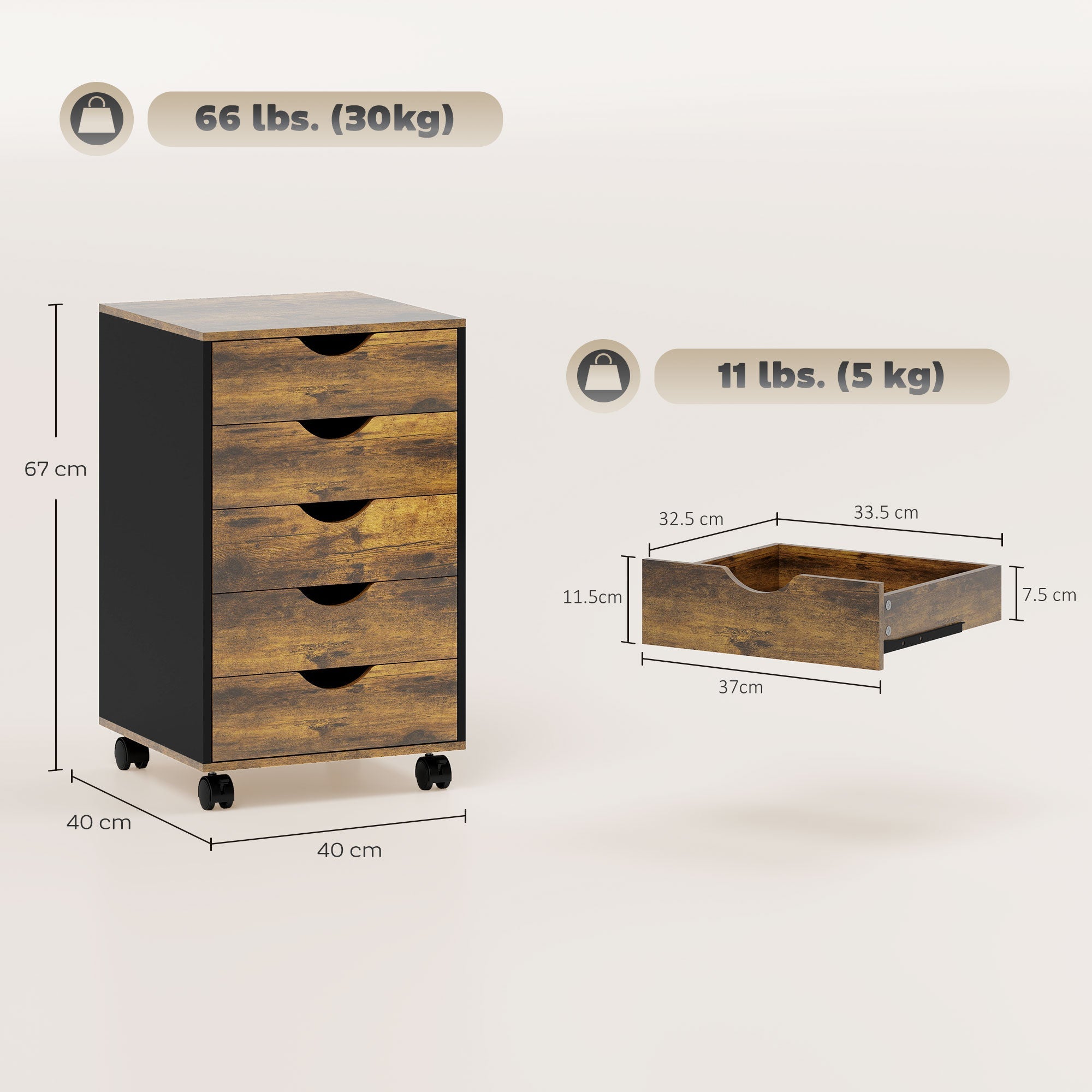 HOMCOM Five-Drawer Filing Cabinet - Rustic Brown