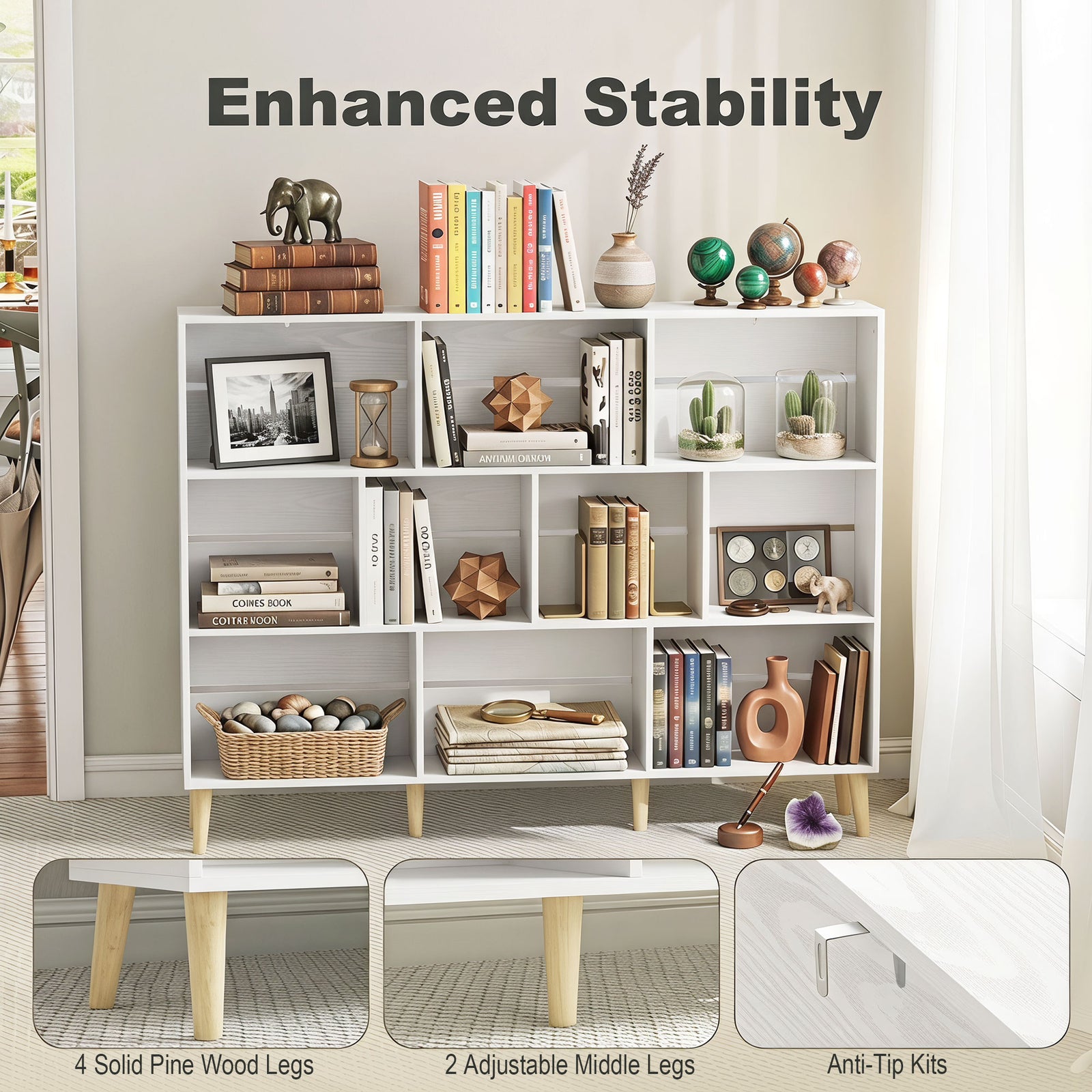 HOMCOM 10-Cube Bookcase, 3-Tier Book Shelf with Solid Wood Legs, 140 cm Modern Bookshelf with Anti-Tip Kit for Bedroom, White