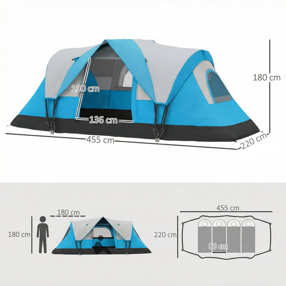 Outsunny 5-6 Man Camping Tent, Tunnel Tent, Water Resistant Hiking Shelter with Groundsheet and Carry Bag, Light Blue