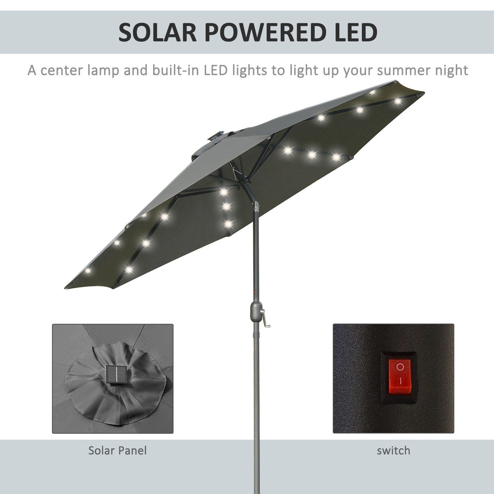 Outsunny 2.7m Patio Garden Umbrella Outdoor Parasol with Tilt Crank and 24 LEDs Lights (Grey)