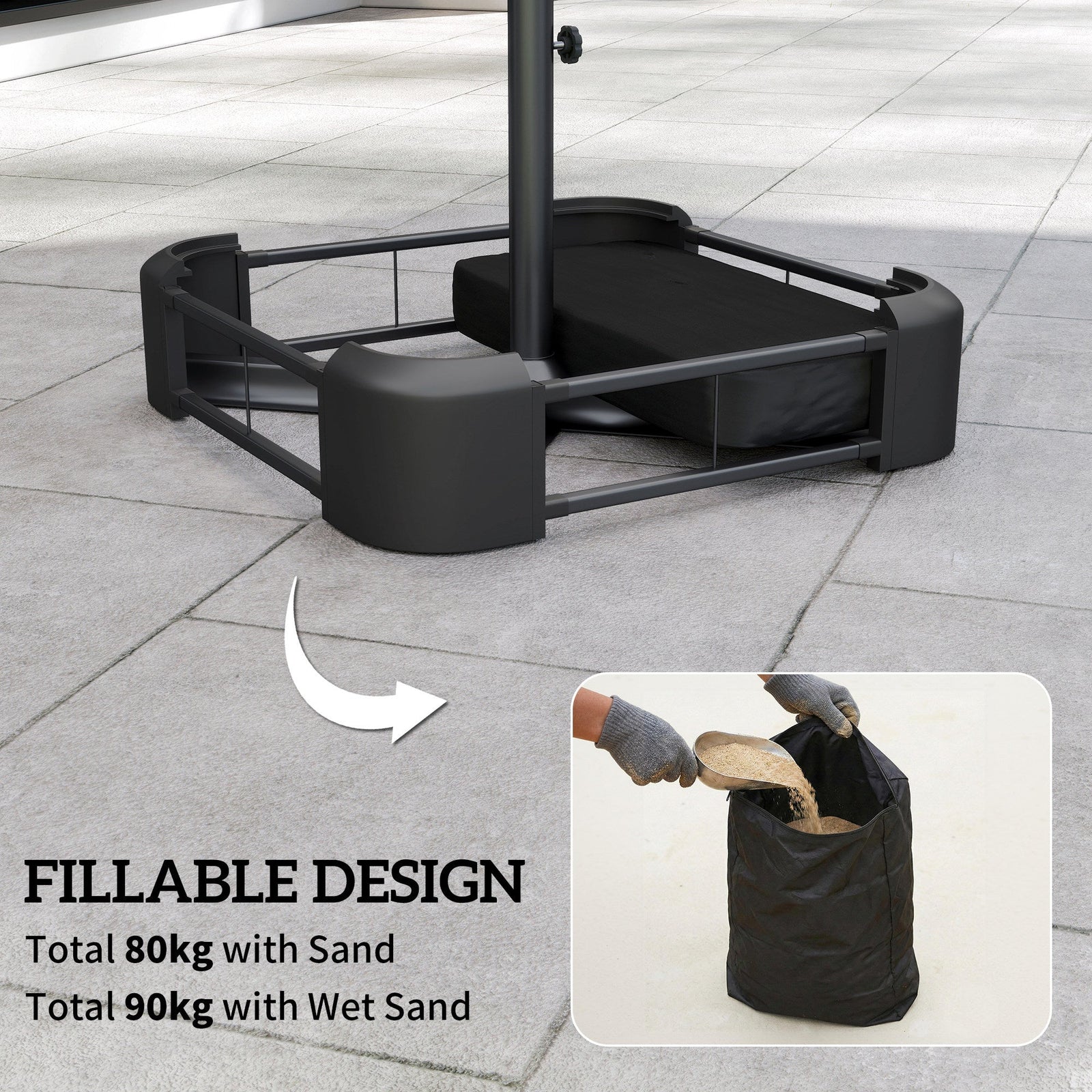 Outsunny Garden Parasol Base 80 kg Sand Filled Heavy Duty Stand for Cantilever Umbrellas and 48 mm Poles Black