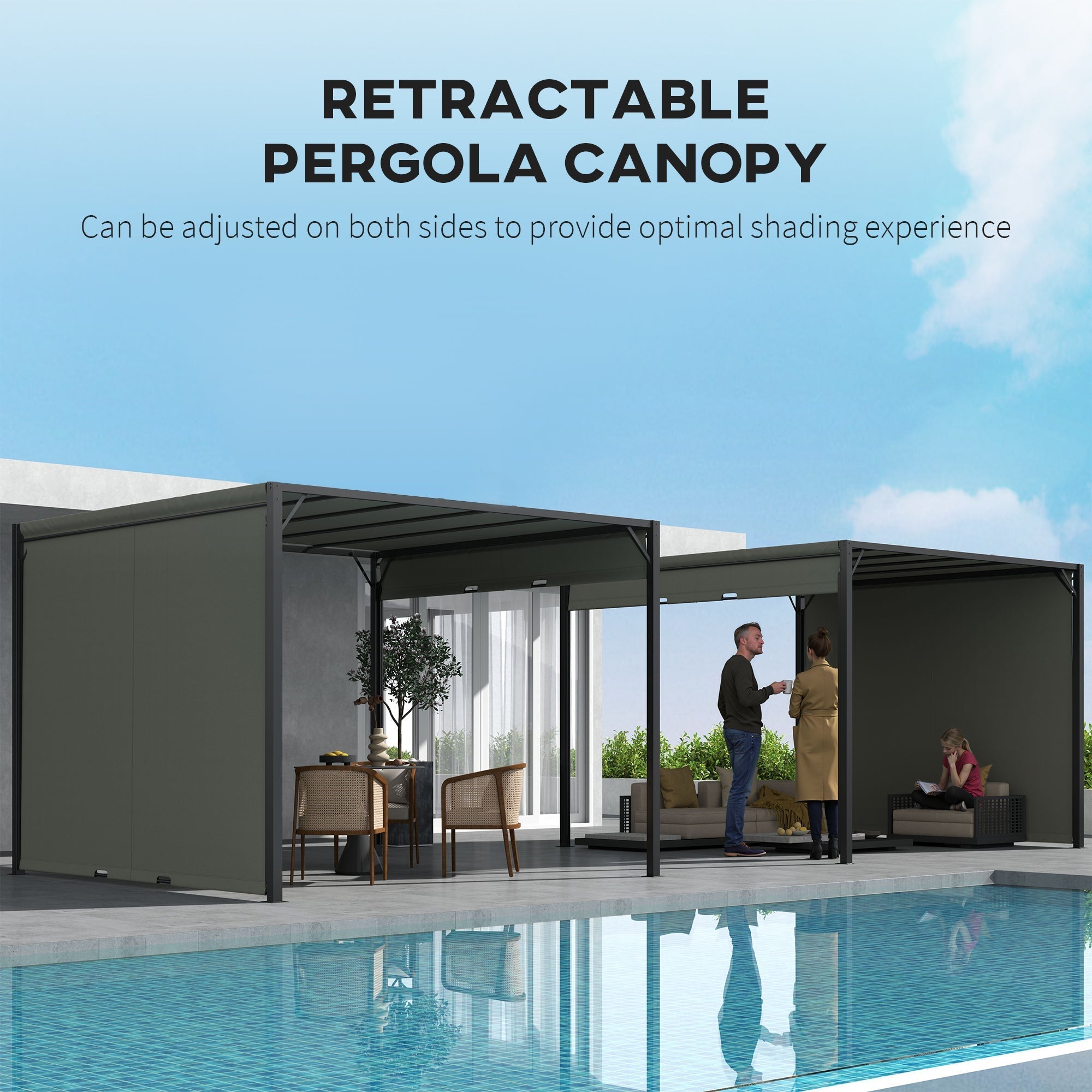 Outsunny 3 X 3 Meters Pergola with Sliding Roof, Garden Gazebo with Adjustable Sun Shade Canopy and Steel Frame, Charcoal Grey