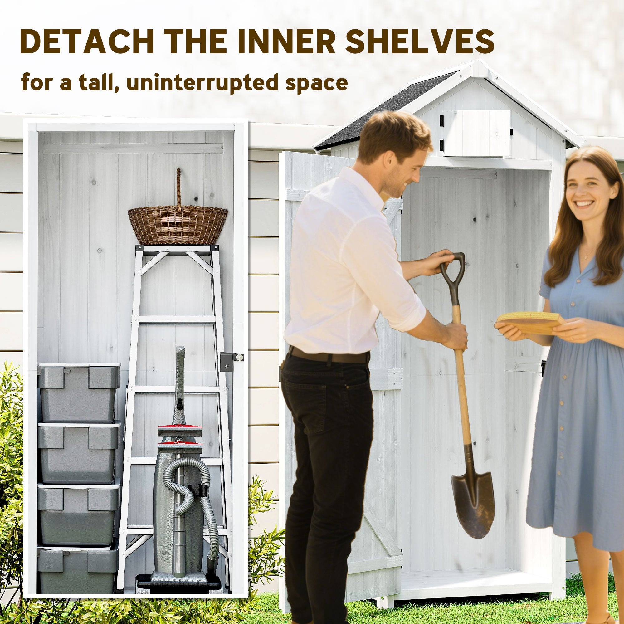 Outsunny Small Shed, Tall Slim Wooden Garden Shed with 3 Removable Shelves and Roof Hatch, Compact Outdoor Tool Storage Cabinet with Asphalt Roof and Door Latch, 77 x 54.2 x 179 cm, Light Grey